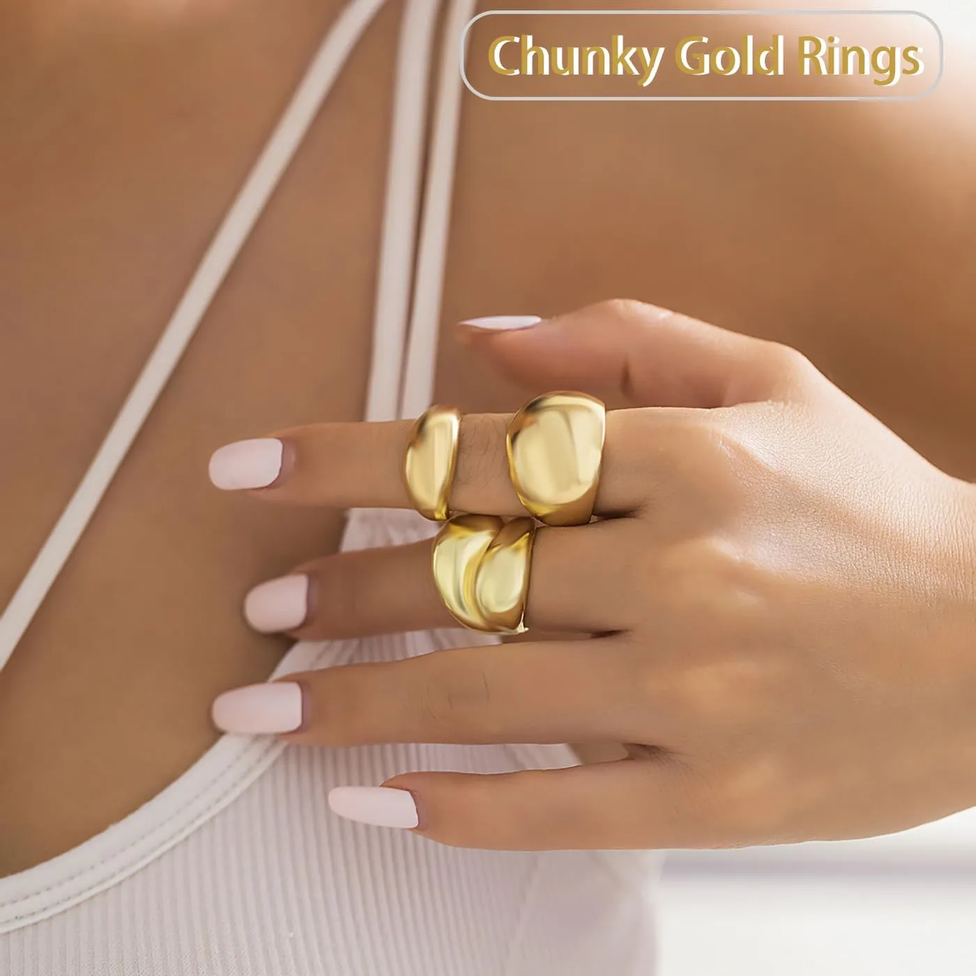 Chunky Gold Rings for Women - Adjustable Set With Thick Dome and Statement Open Rings