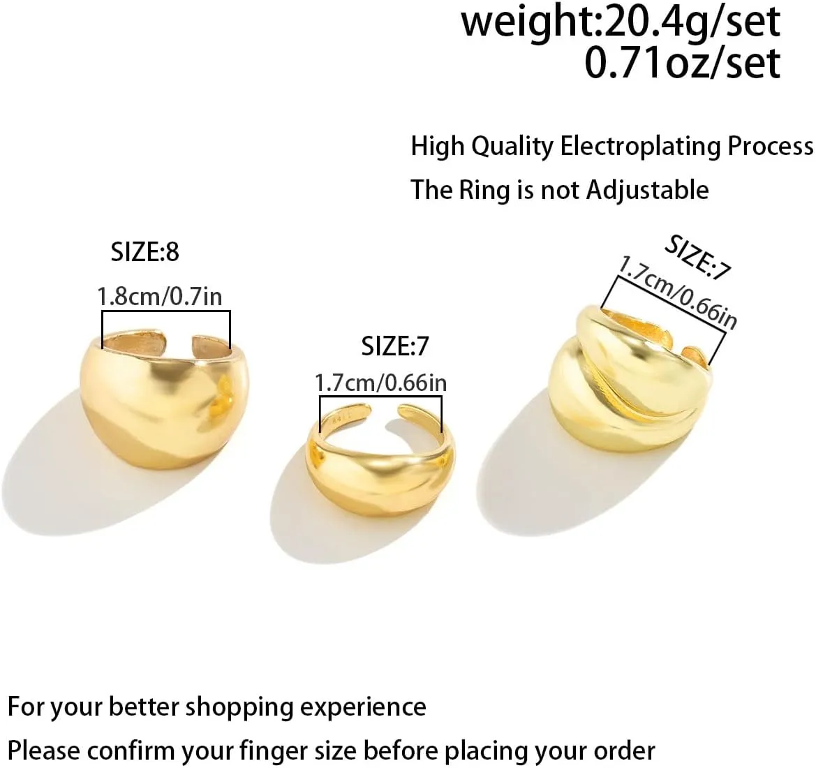 Chunky Gold Rings for Women - Adjustable Set With Thick Dome and Statement Open Rings
