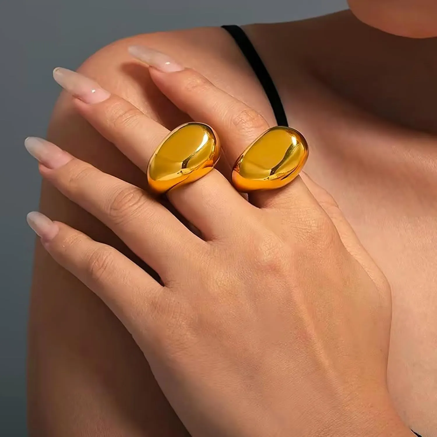 Chunky Gold Statement Dome Rings for Women, Exaggerated Thick Adjustable Open Finger Ring Prom Fashion Jewelry Gift.