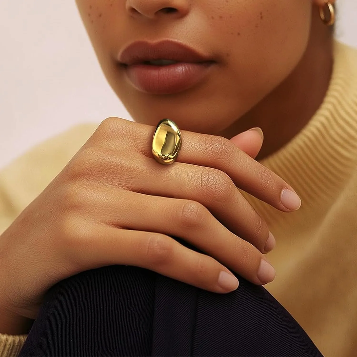 Chunky Gold Statement Dome Rings for Women, Exaggerated Thick Adjustable Open Finger Ring Prom Fashion Jewelry Gift.