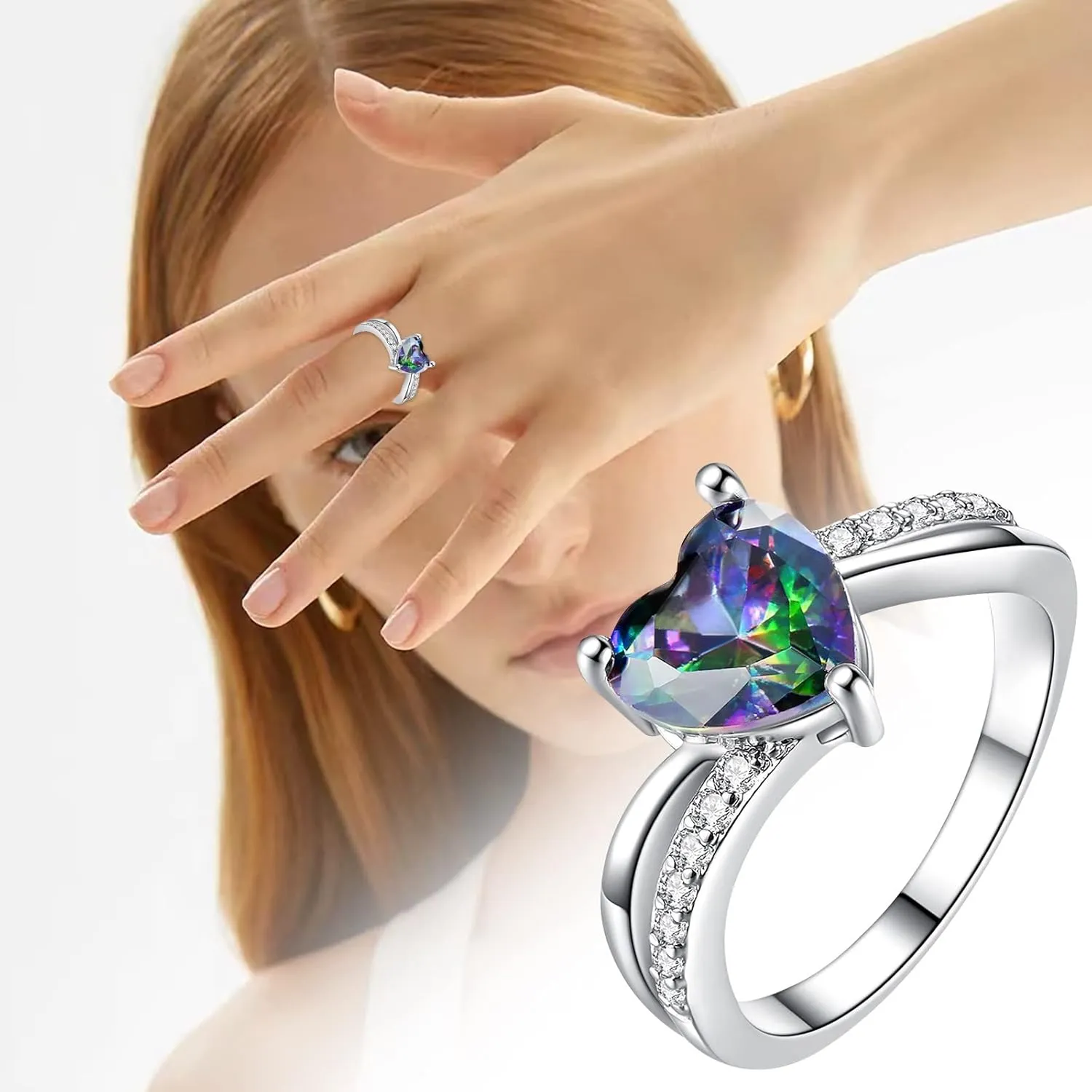 Color Heart Shaped Gemstone Ring For Women Cubic Zirconia Women'S Fashion Ring Jewelry Accessory