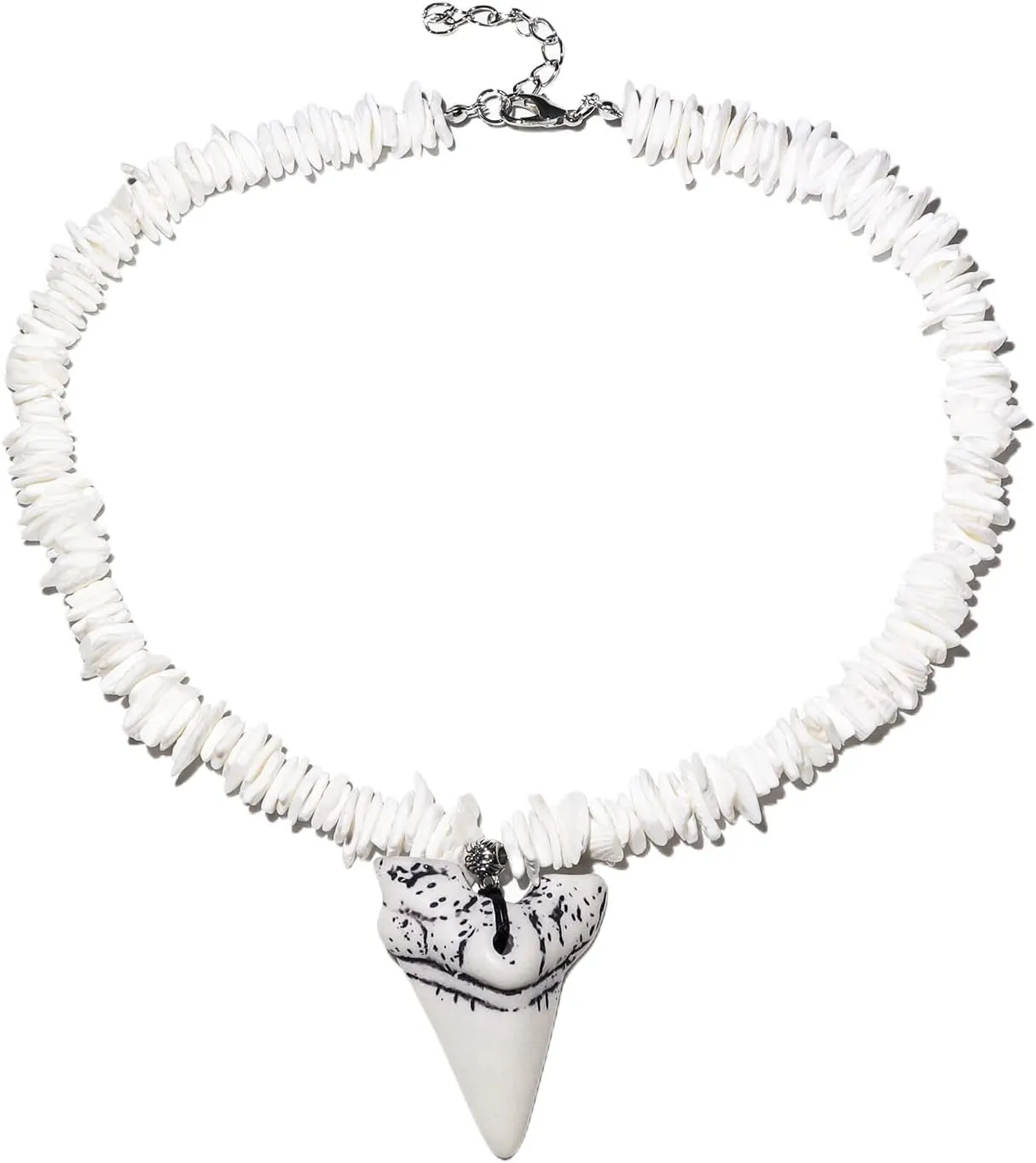 COLORFUL BLING White Puka Shell Shark Tooth Adjustable Chain Necklace Hawaiian Seashell for Women Men Beach Necklaces Clam Chips Surfer Conch Handmade Bohemian Summer Imitation Cool Fossil Shark