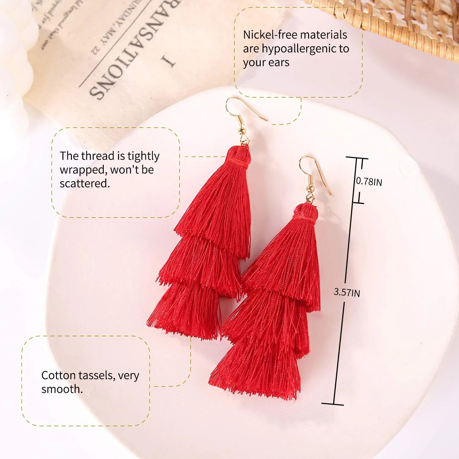 Colorful Tassel Earrings 3 Tier Layered Bohemian, Eardrop Big Dangle Drop Fashion Jewelry Earrings for Women Teen Girls Valentine Birthday Party Gift