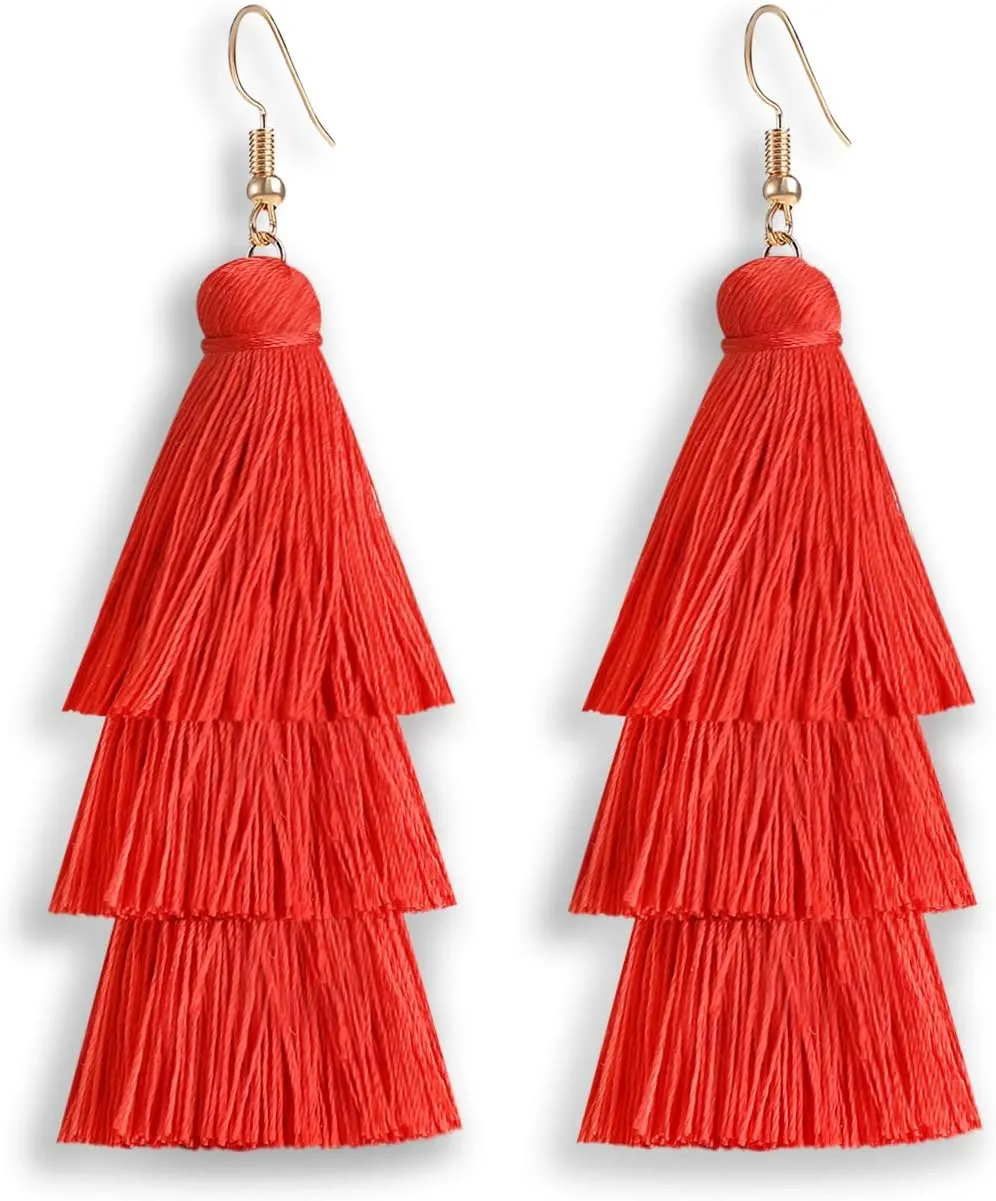 Colorful Tassel Earrings 3 Tier Layered Bohemian, Eardrop Big Dangle Drop Fashion Jewelry Earrings for Women Teen Girls Valentine Birthday Party Gift