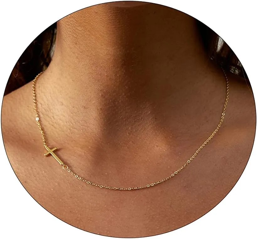 Cross Necklace for Women 14K Gold Plated Dainty Cubic Zirconia Sideways Cross Necklace Simple Cute Layered Gold Cross Pendant Satellite Chain Necklace Trendy Fashion Jewelry Gifts