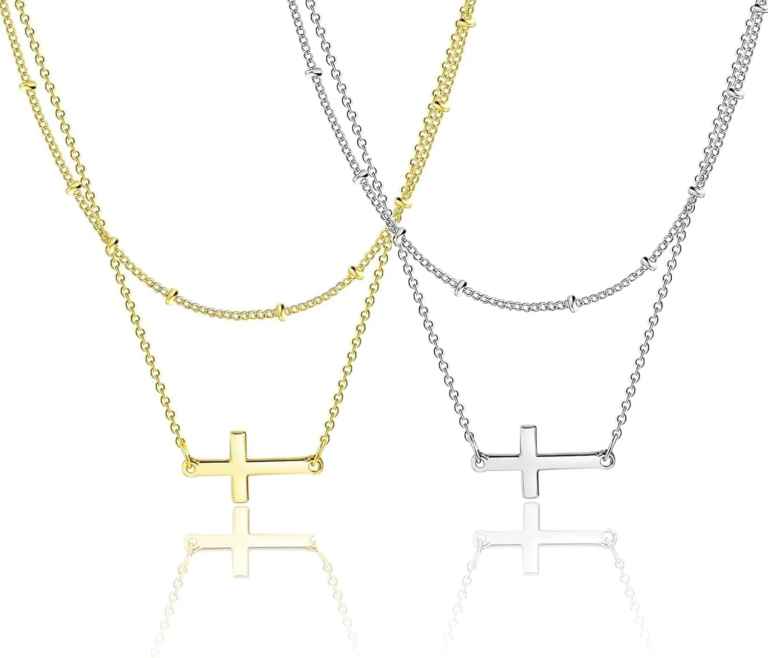 Cross Necklace for Women, 14K Gold Plated Tiny Sideway Cross Choker Necklace Dainty Layered Small Cross Charm Chain Necklace Faith Jewelry Religious Minimalist Gift