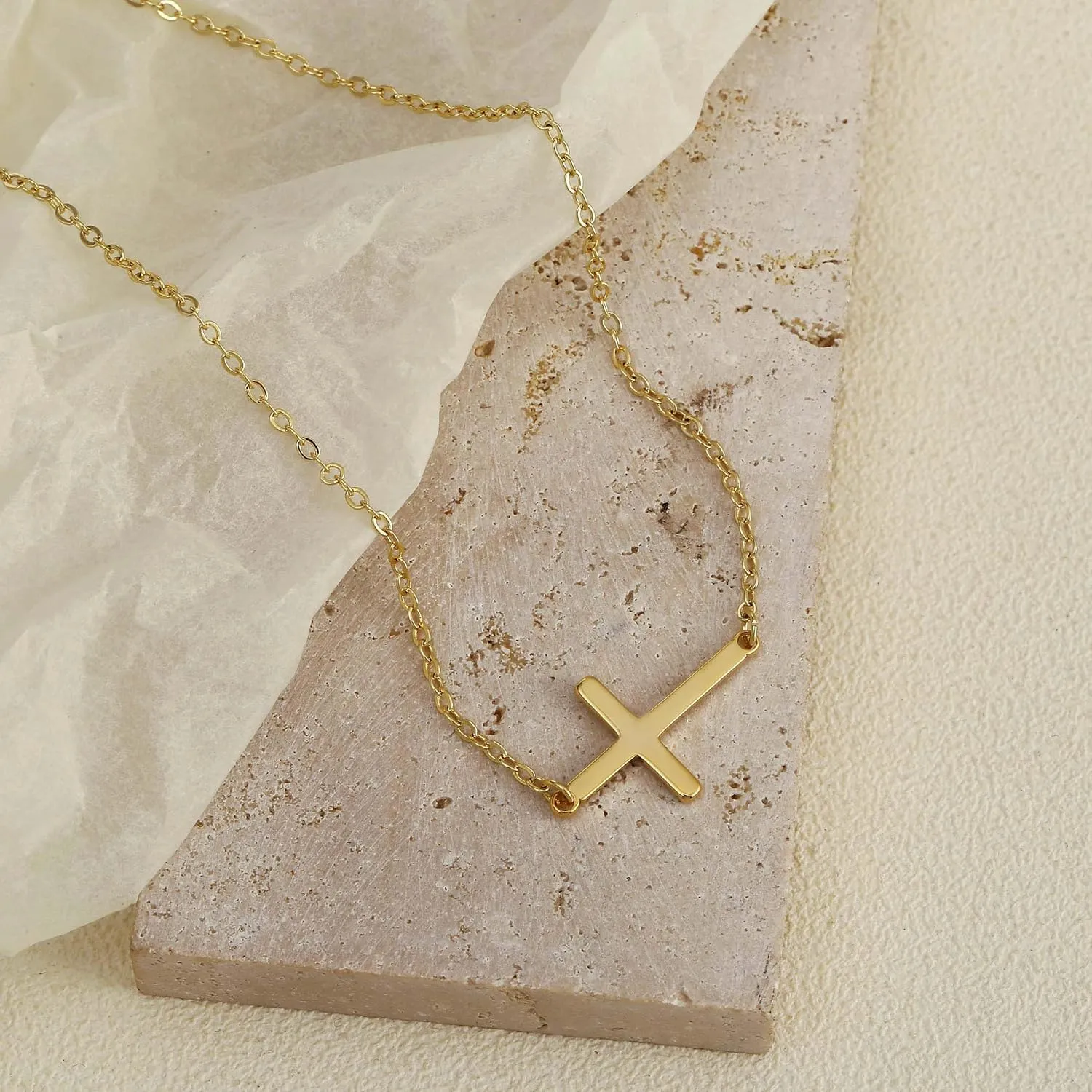 Cross Necklace for Women 14K Gold/Silver Plated Pendant Choker Sideways Cross Necklace Tiny Cute Jewelry Faith Jewelry Religious Minimalist Gift Trendy Charm Chain