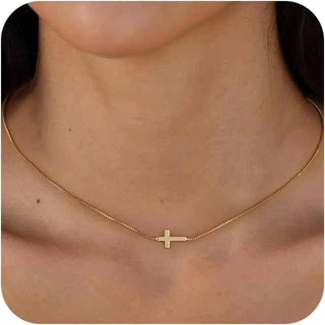 Cross Necklace for Women 14K Gold/Silver Plated Pendant Choker Sideways Cross Necklace Tiny Cute Jewelry Faith Jewelry Religious Minimalist Gift Trendy Charm Chain