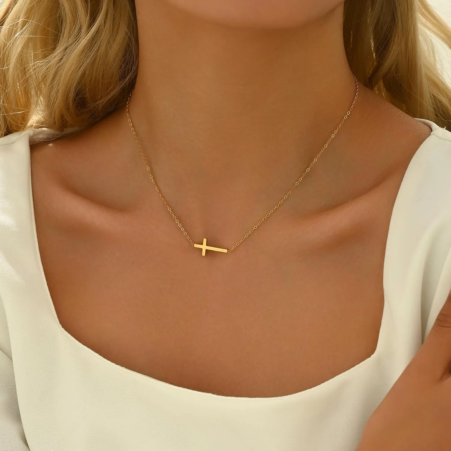 Cross Necklace for Women 18K Gold Plated Dainty Tiny Sideways Cross Choker Necklace Adjustable Stainless Steel Trendy Faith Jewelry