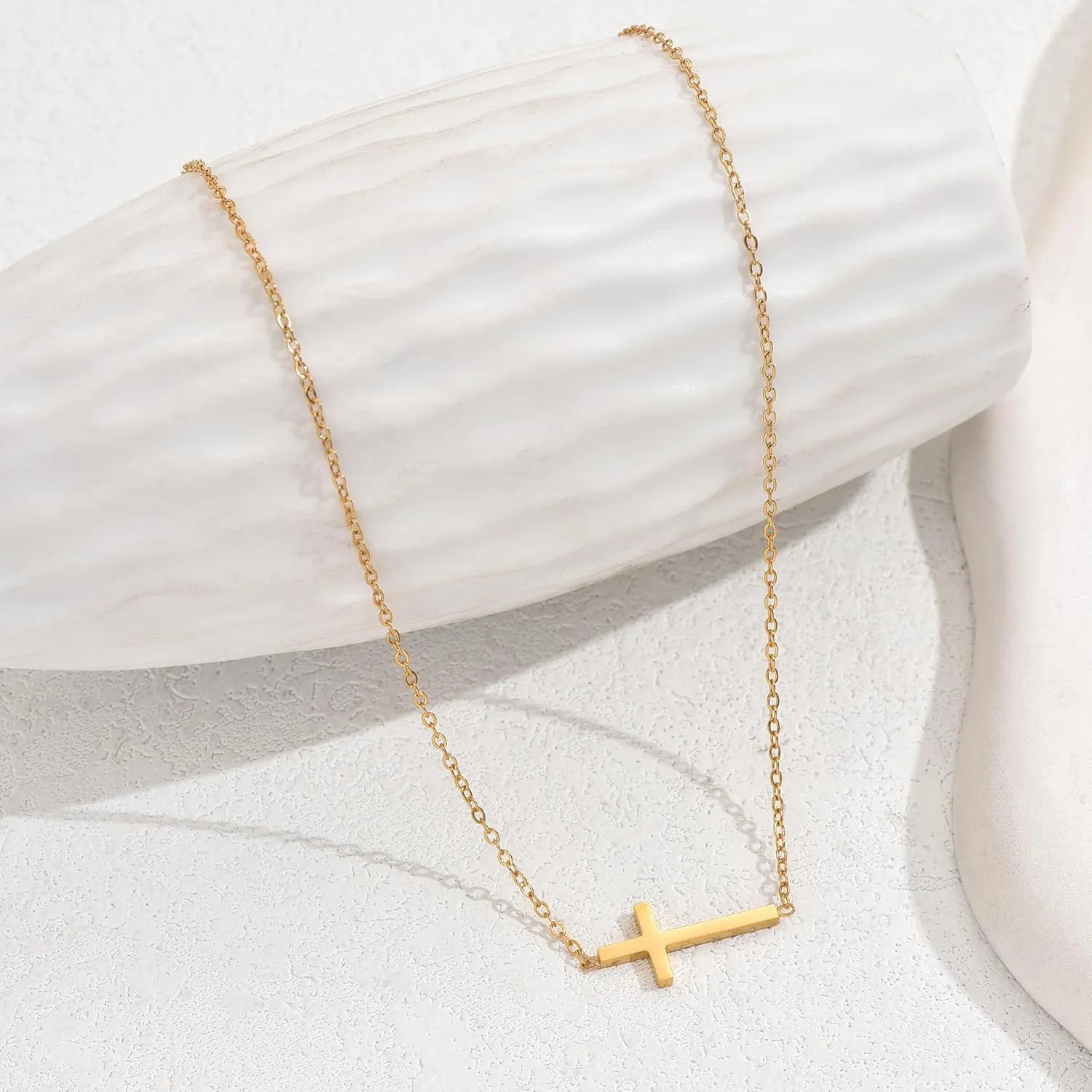 Cross Necklace for Women 18K Gold Plated Dainty Tiny Sideways Cross Choker Necklace Adjustable Stainless Steel Trendy Faith Jewelry