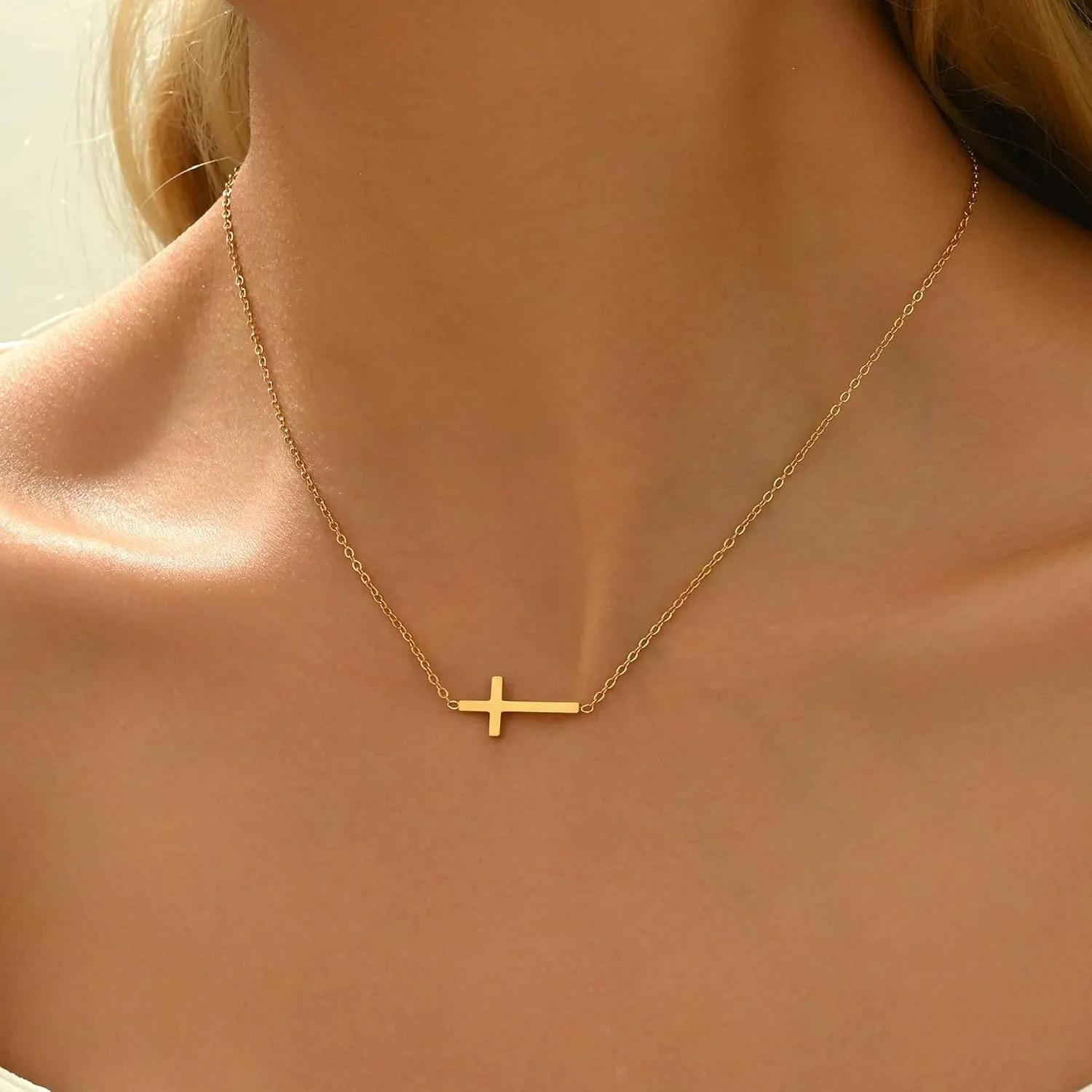 Cross Necklace for Women 18K Gold Plated Dainty Tiny Sideways Cross Choker Necklace Adjustable Stainless Steel Trendy Faith Jewelry