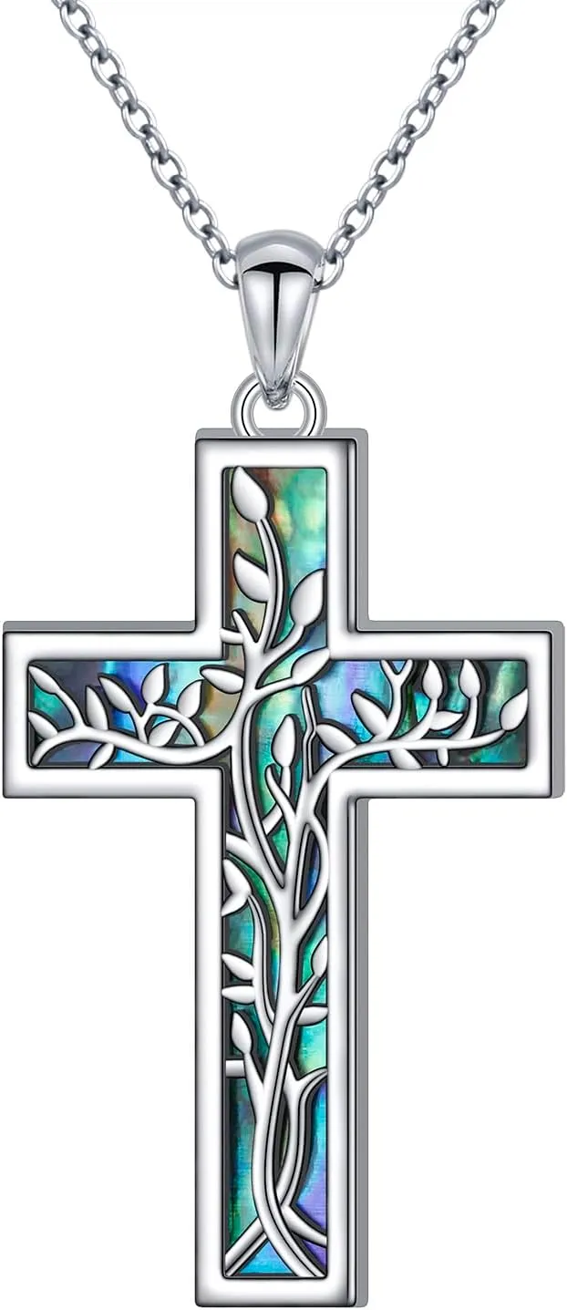 Cross Necklace for Women 925 Sterling Silver Abalone Shell Cross Pendant Necklaces Religious Jewelry for Women Men