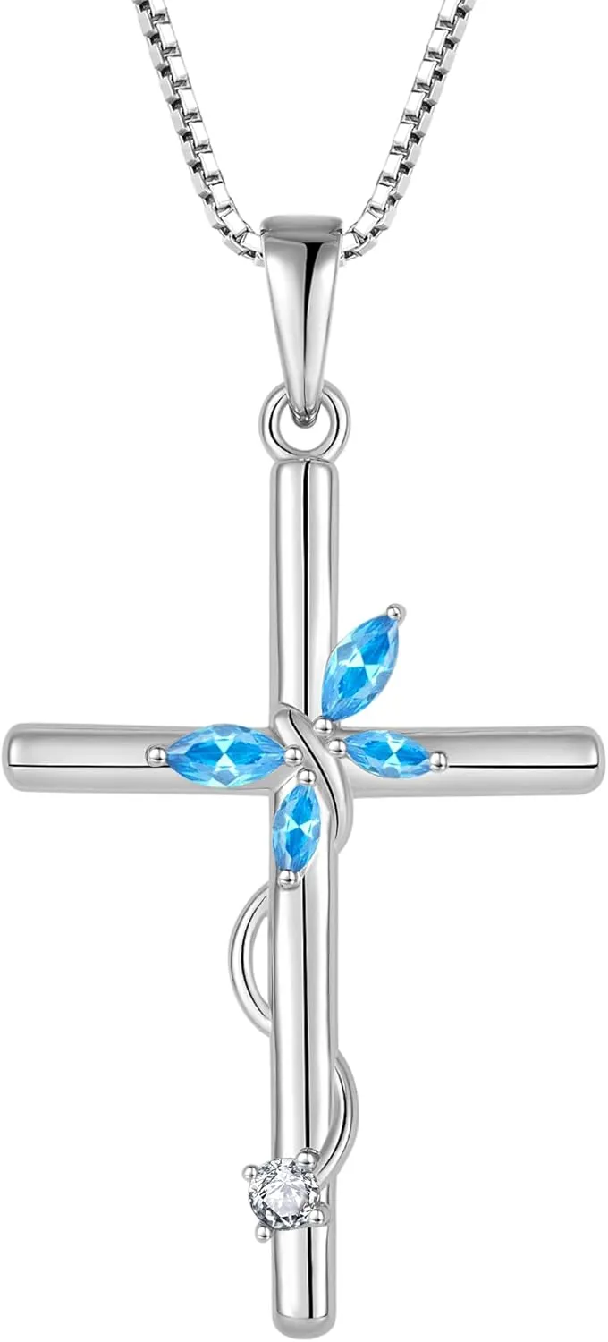 Cross Necklace for Women, 925 Sterling Silver Butterfly Cross Necklaces Birthstone Pendants Christian Crucifix Baptism Jewelry Gifts for Her
