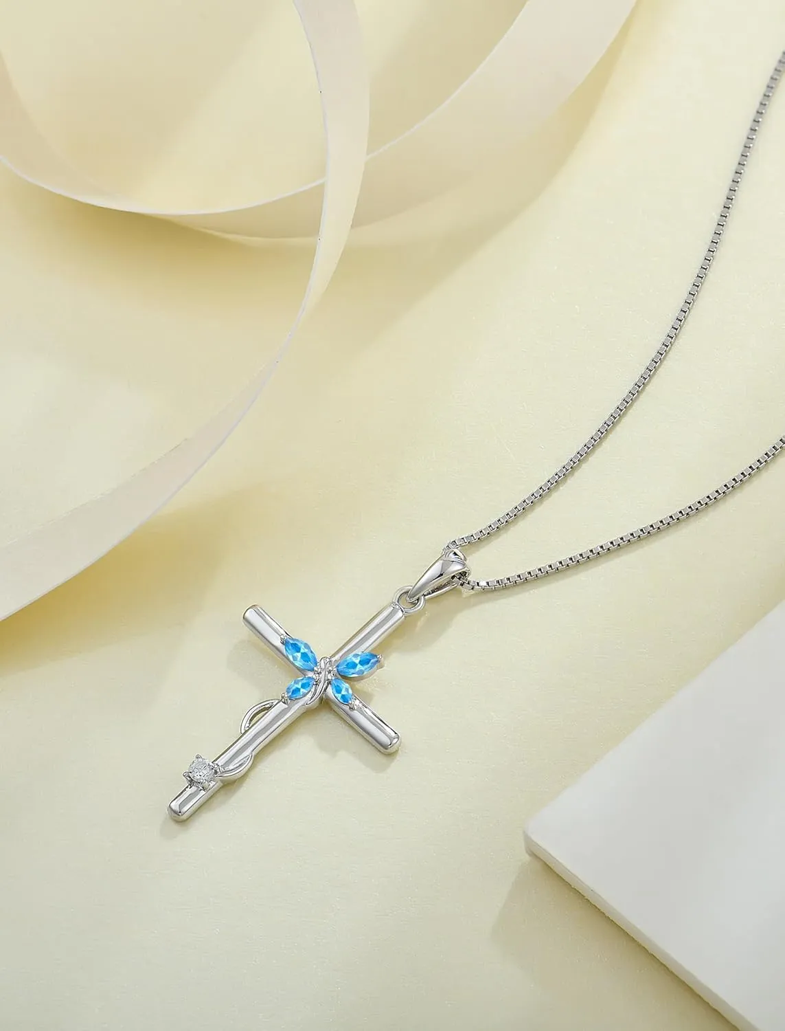 Cross Necklace for Women, 925 Sterling Silver Butterfly Cross Necklaces Birthstone Pendants Christian Crucifix Baptism Jewelry Gifts for Her