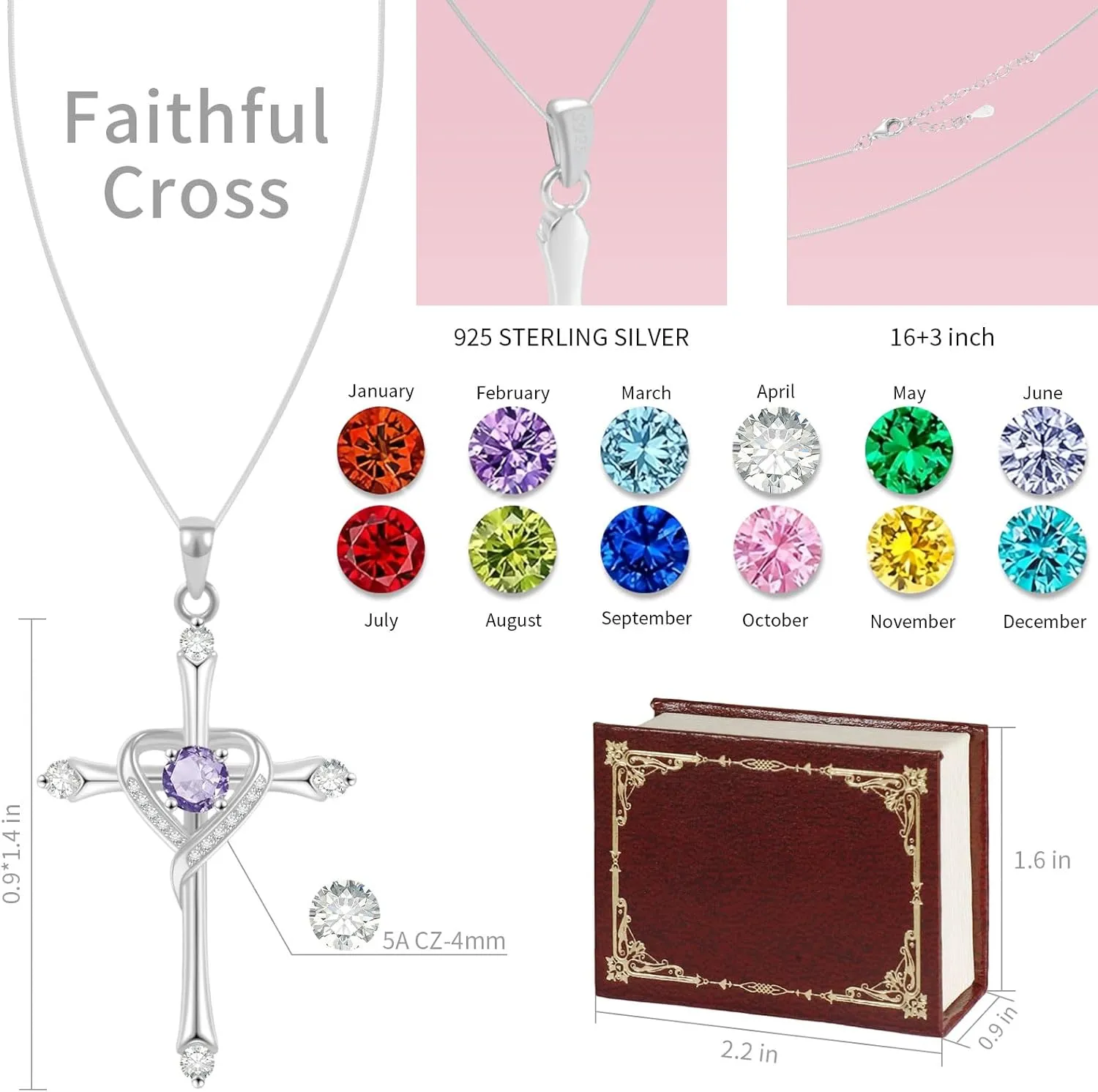 Cross Necklace for Women 925 Sterling Silver Cross Necklace Baptism Christian Gifts for Women April CZ Birthstone Necklace Religious Gifts with Bible Box Women'S Crucifix Jewelry with Snake Chain