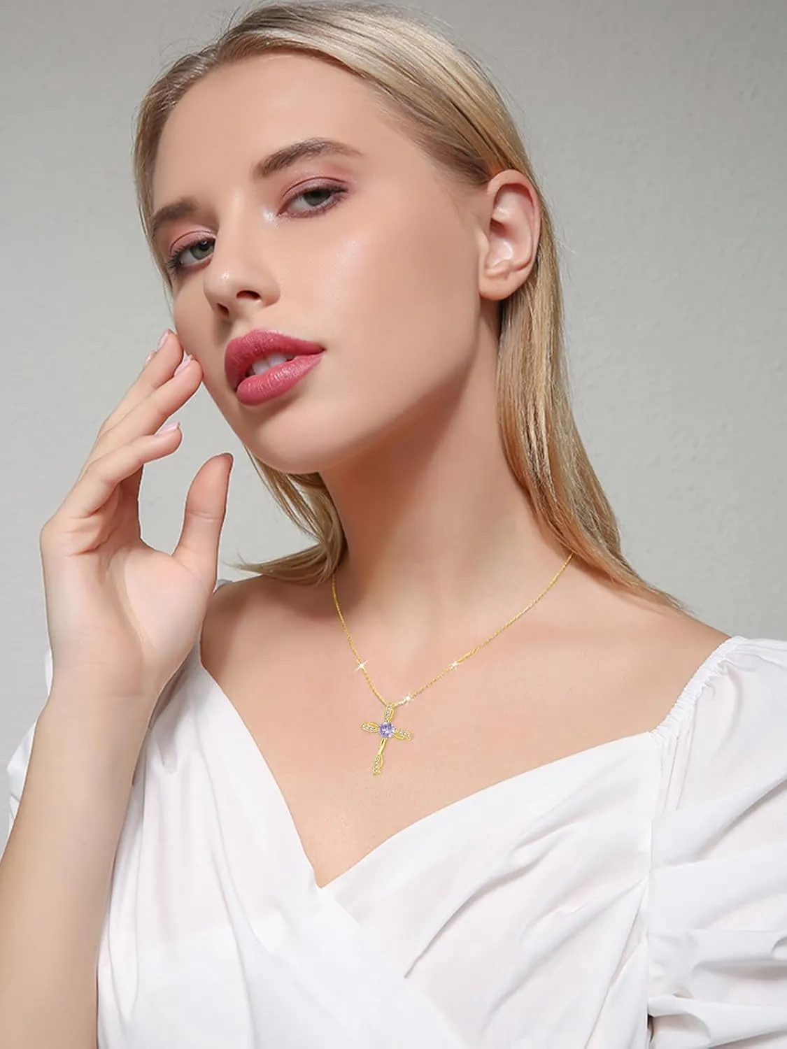 Cross Necklace for Women Gold Birthstone Cross Necklaces Wedding Anniversary Birthday Gift for Wife Mother Protection Christian Jewelry