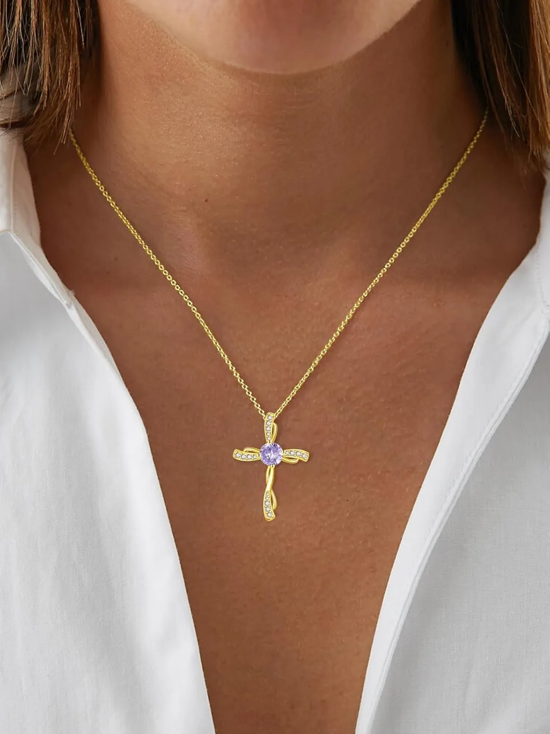 Cross Necklace for Women Gold Birthstone Cross Necklaces Wedding Anniversary Birthday Gift for Wife Mother Protection Christian Jewelry