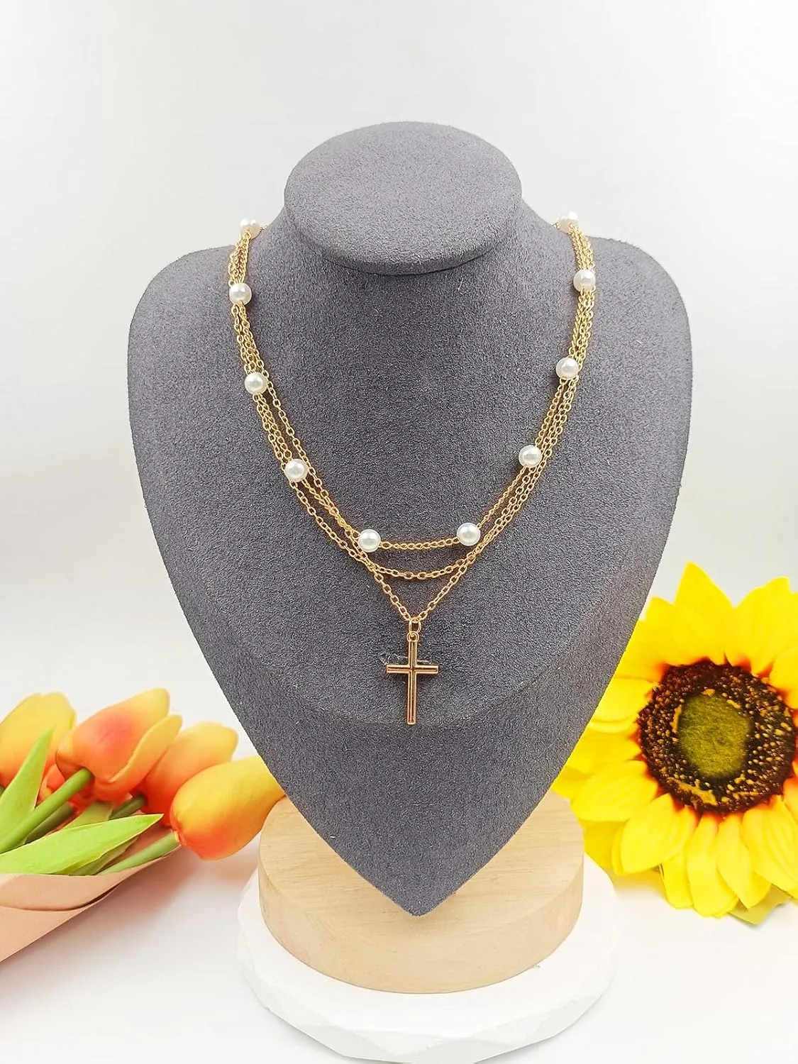 Cross Pearl Necklaces for Women,Dainty Layered Cross Choker Necklace Crystal Zircon Pearl Pendant Necklace Cross Necklace Minimalist Trendy Jewelry
