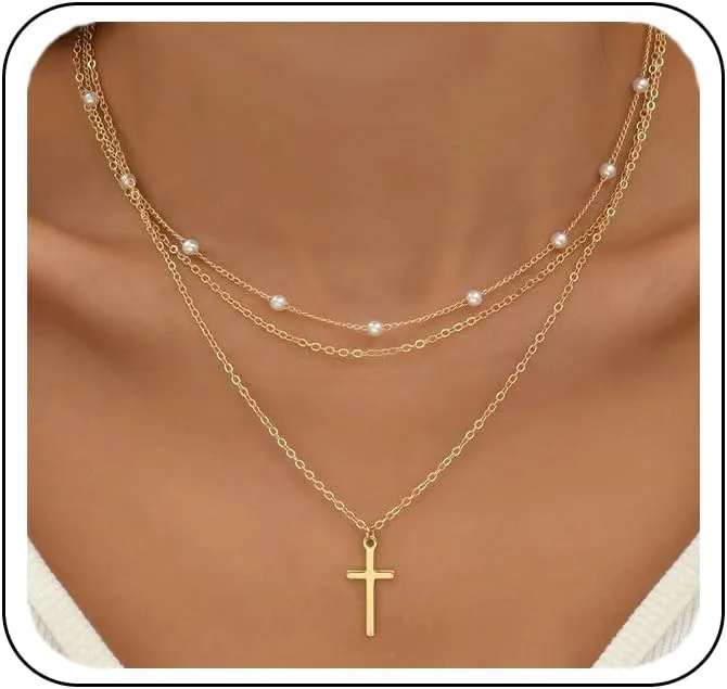 Cross Pearl Necklaces for Women,Dainty Layered Cross Choker Necklace Crystal Zircon Pearl Pendant Necklace Cross Necklace Minimalist Trendy Jewelry