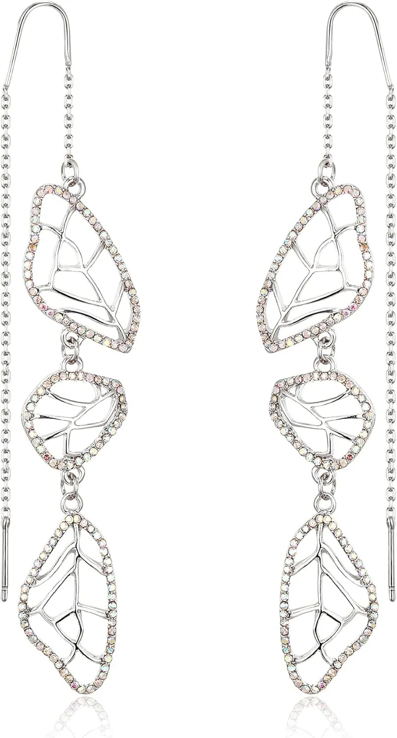 Crysdue Threader Earrings Clear Rhinestone Crystal Silver Plated Tassel Dangling Long Chain Drop Earrings for Women