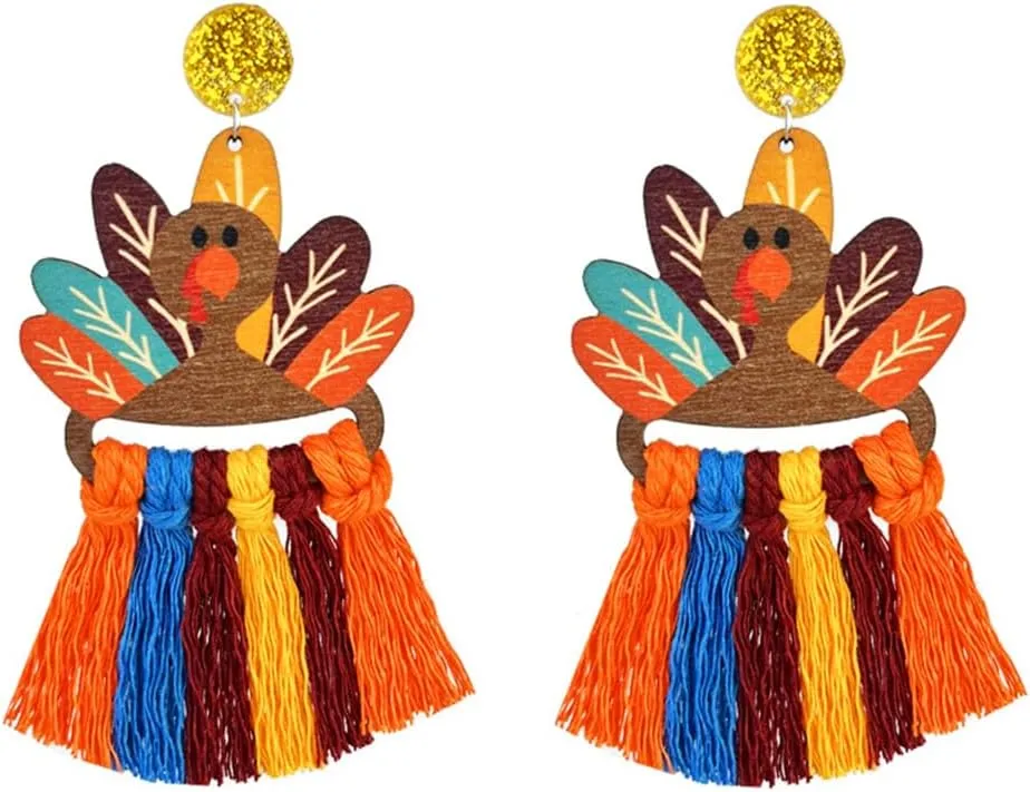 Cute Turkey Chicken Colorful Wooden Autumn Braid Tassel Dangle Drop Earrings for Women Dainty Thanksgiving Fall Dangling Round Disc Stud Lightweight Hypoallergenic Fashion Trendy Jewelry for Mom Party