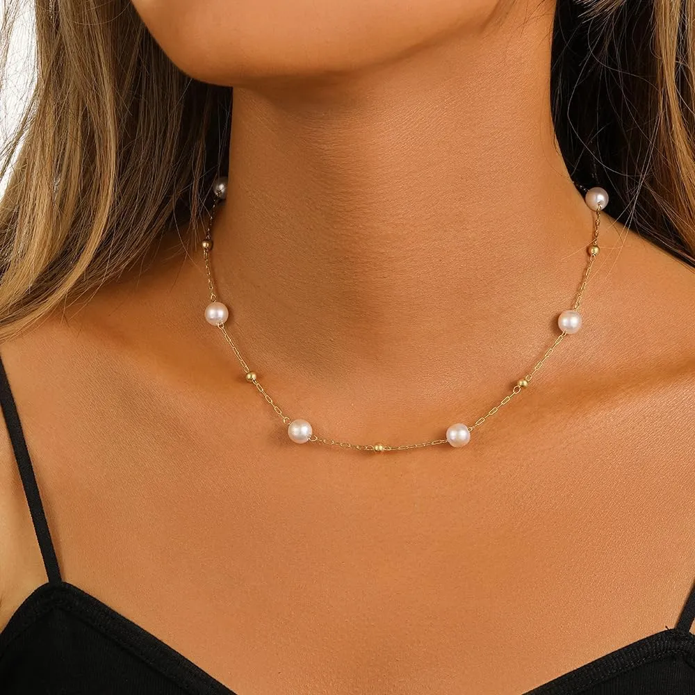 Dainty Pearl Necklaces for Women 14k Gold Plating White Tiny Daisy Pearl Beaded Chain Flower Necklace Trendy Simple for Women Teen Girls Daisy Gift Bride Necklace Wedding Jewelry