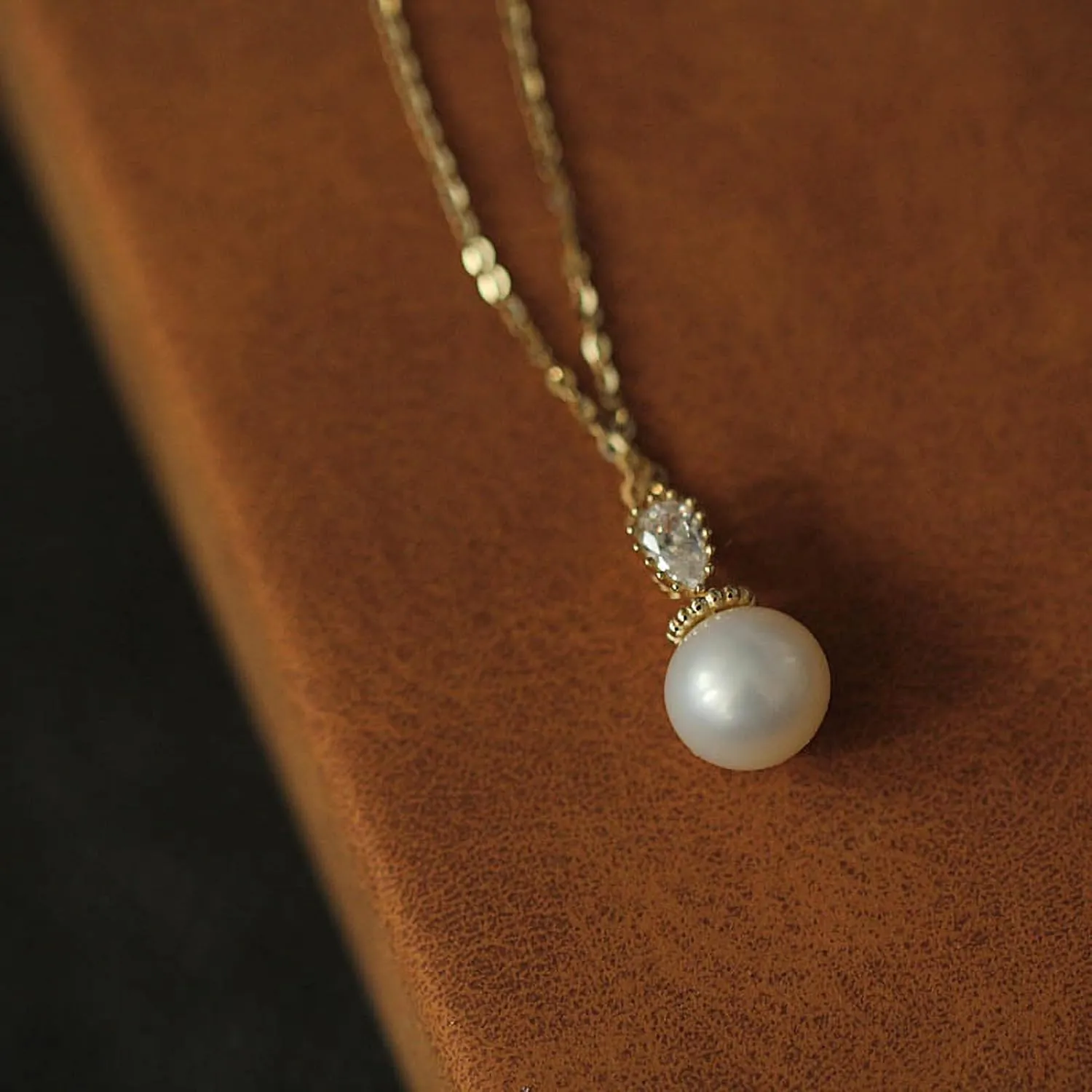 Dainty Single Pearl Necklaces 925 Sterling Silver for Women Mother 14K Gold Plated Teardrop Cubic Zirconia Charm Chain Pendant Necklace Bride Wedding Birthday Graduation Jewelry for Her