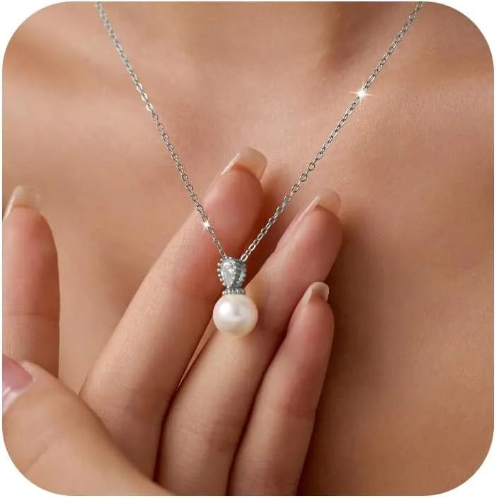 Dainty Single Pearl Necklaces 925 Sterling Silver for Women Mother 14K Gold Plated Teardrop Cubic Zirconia Charm Chain Pendant Necklace Bride Wedding Birthday Graduation Jewelry for Her