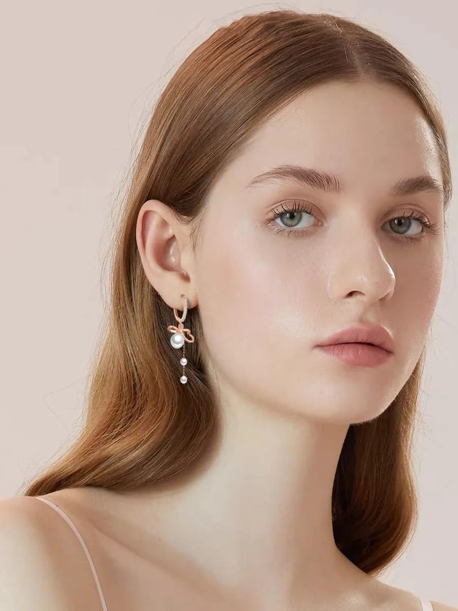 Dangle Drop Pearl Tassel Small Huggie Hoop Earrings 925 Sterling Silver for Women Teen Girls Cubic Zirconia Crystal Bow Knot Cartilage Charm Earring Hypoallergenic Pierced Ear Cuffs Sweet Delicate Jewelry Gifts Christmas