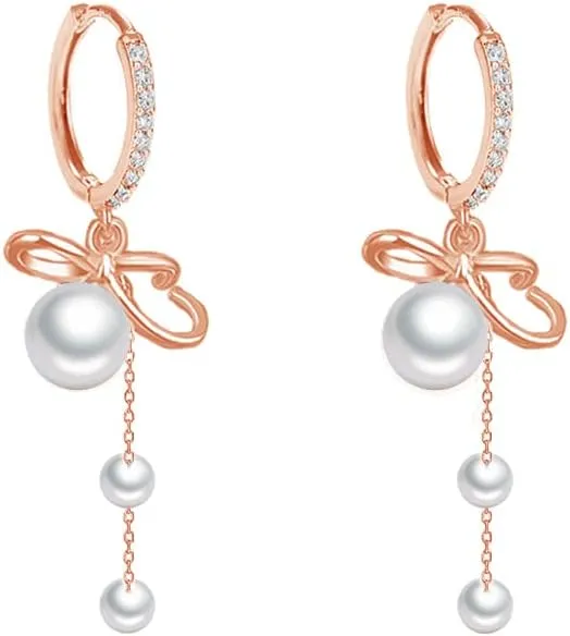 Dangle Drop Pearl Tassel Small Huggie Hoop Earrings 925 Sterling Silver for Women Teen Girls Cubic Zirconia Crystal Bow Knot Cartilage Charm Earring Hypoallergenic Pierced Ear Cuffs Sweet Delicate Jewelry Gifts Christmas