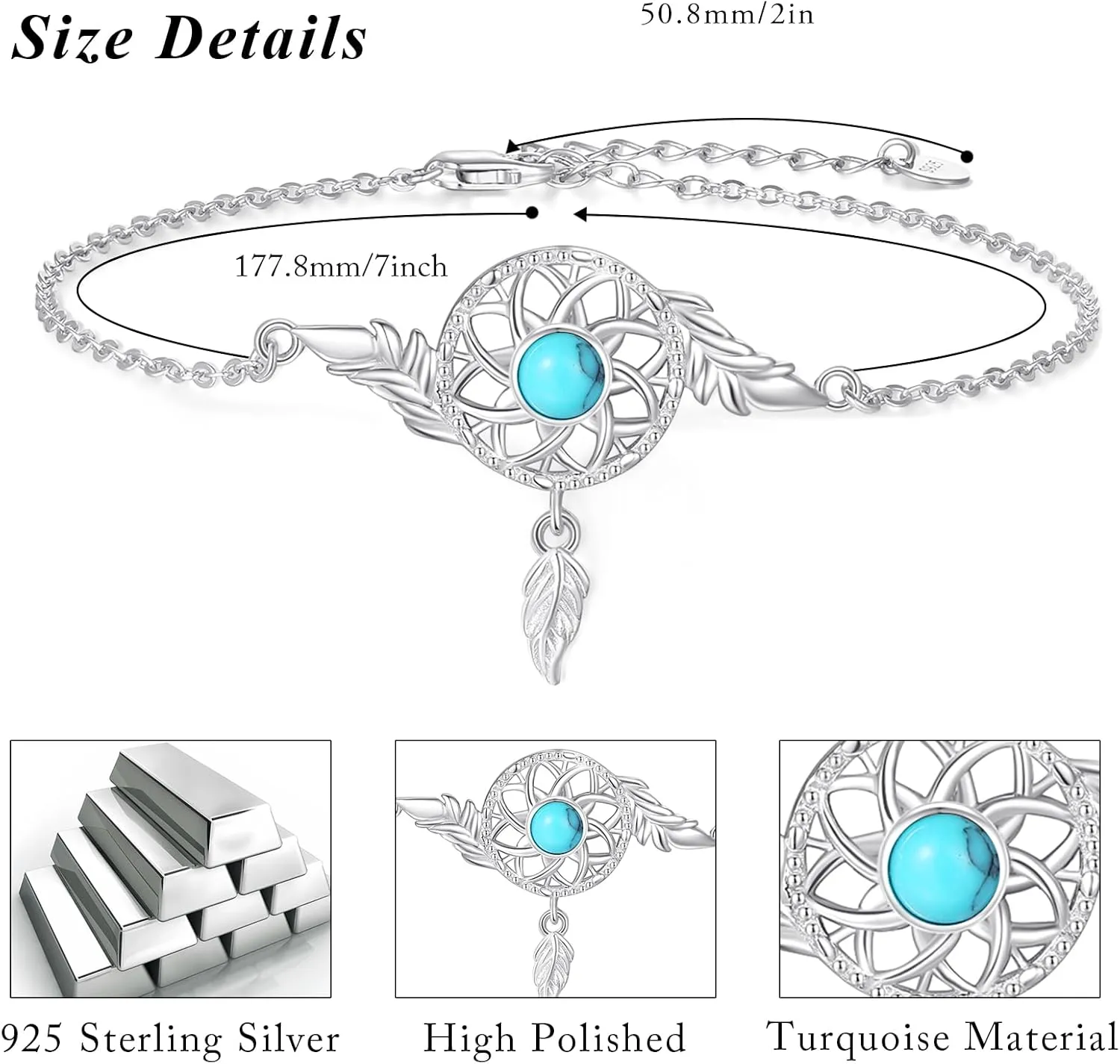 Dream Catcher Bracelet 925 Sterling Silver Flower Dreamcatcher Bracelet for Women Adjustable 7 2in Link Chain Bracelets Jewelry Gifts