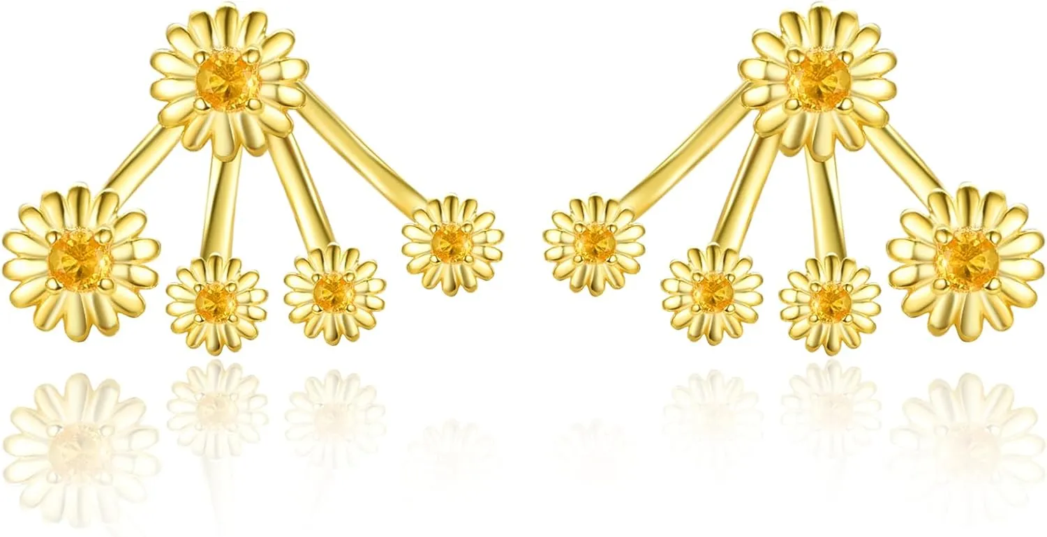Dreamboat Sunflower Jacket Earrings for Women Sterling Silver Gold Plated Sunflower Climber Stud Ear Crawlers Earring Flower Cluster Post Studs Delicate Wedding Birthday Jewelry Gifts