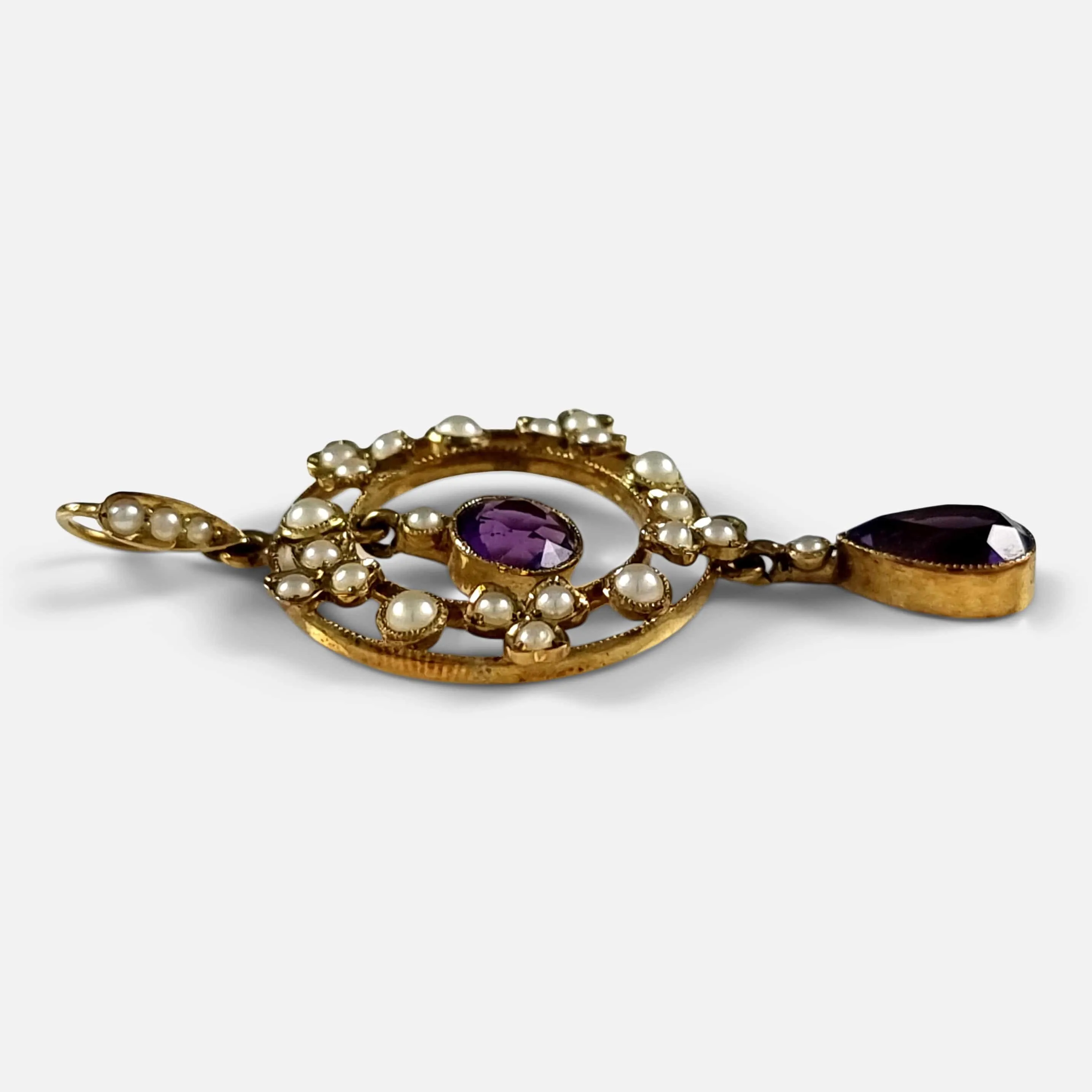 Edwardian 15ct Gold Amethyst and Seed Pearl Pendant