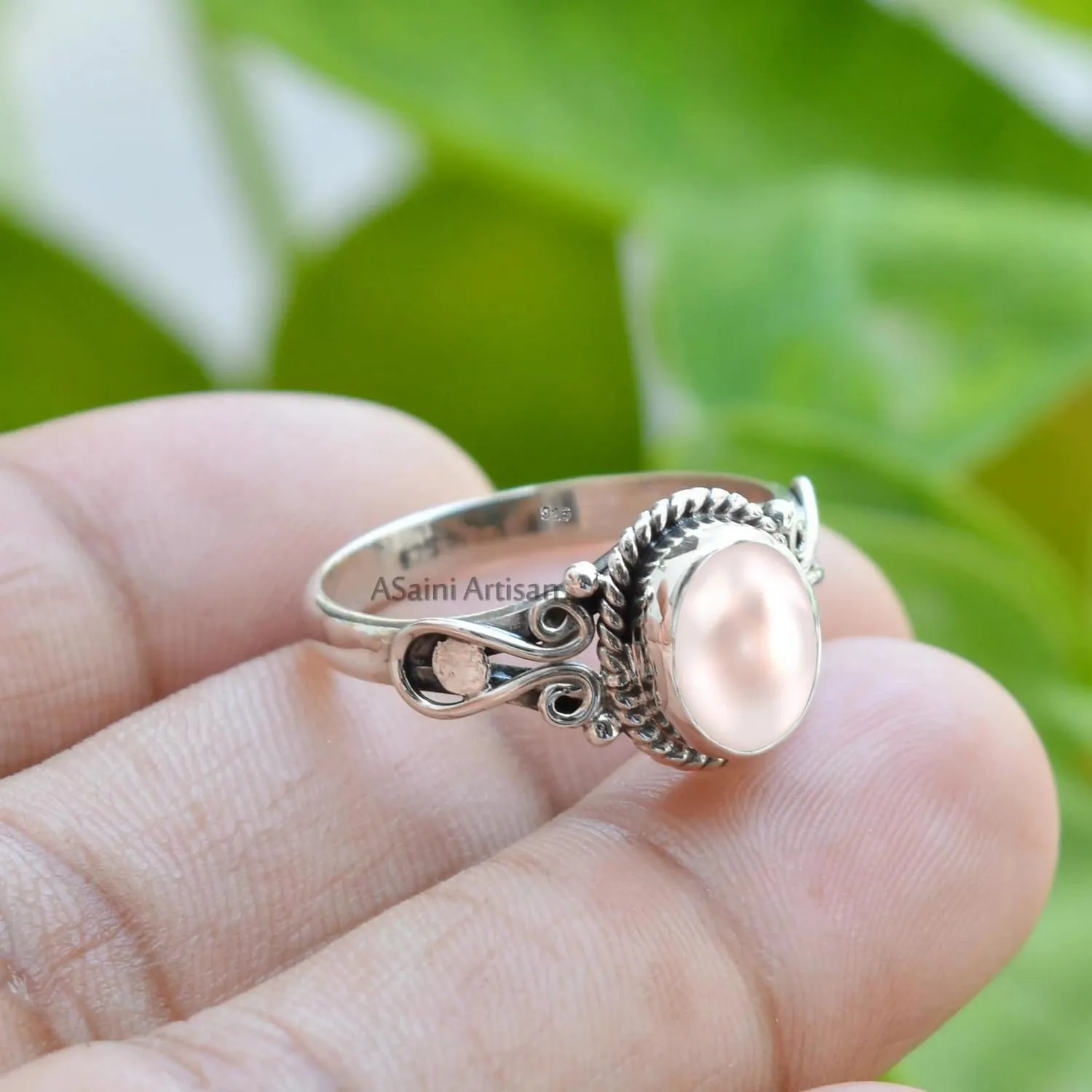 Elegance in Every Detail: Handmade 925 Sterling Silver Rings with 6x8 Oval Natural Gemstones (US Ring size 7, Pearl)