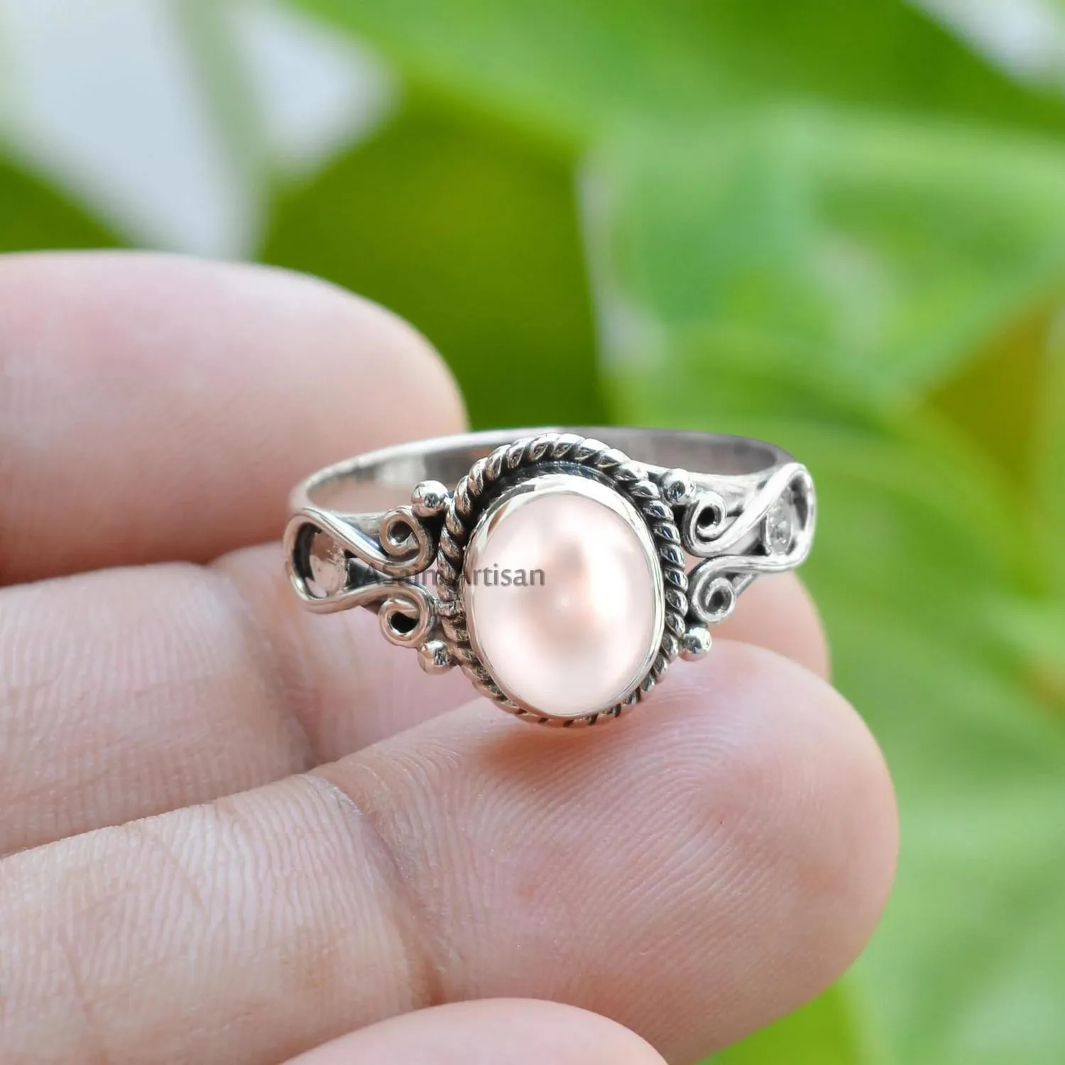 Elegance in Every Detail: Handmade 925 Sterling Silver Rings with 6x8 Oval Natural Gemstones (US Ring size 7, Pearl)