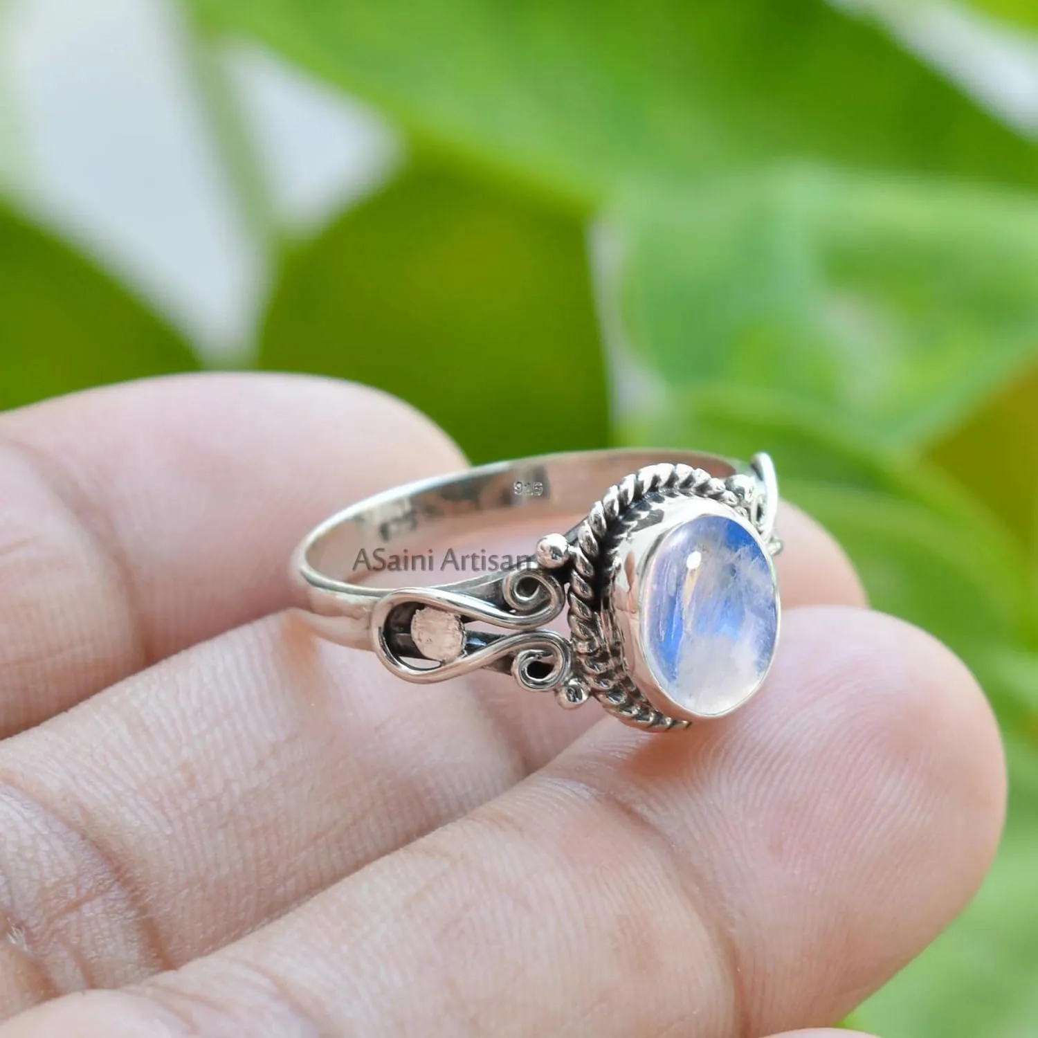 Elegance in Every Detail: Handmade 925 Sterling Silver Rings with 6x8 Oval Natural Gemstones (US Ring size 7.5, Moonstone)