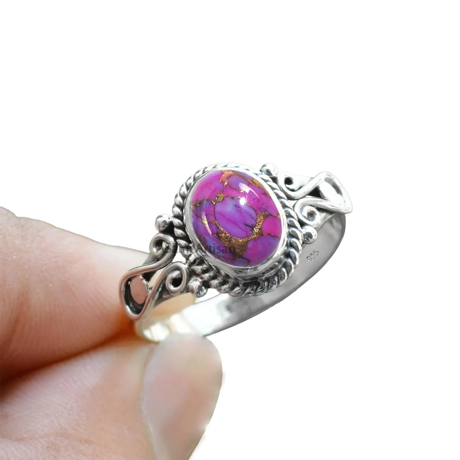 Elegance in Every Detail: Handmade 925 Sterling Silver Rings with 6x8 Oval Natural Gemstones (US Ring size 8, Purple Copper Turquoise)