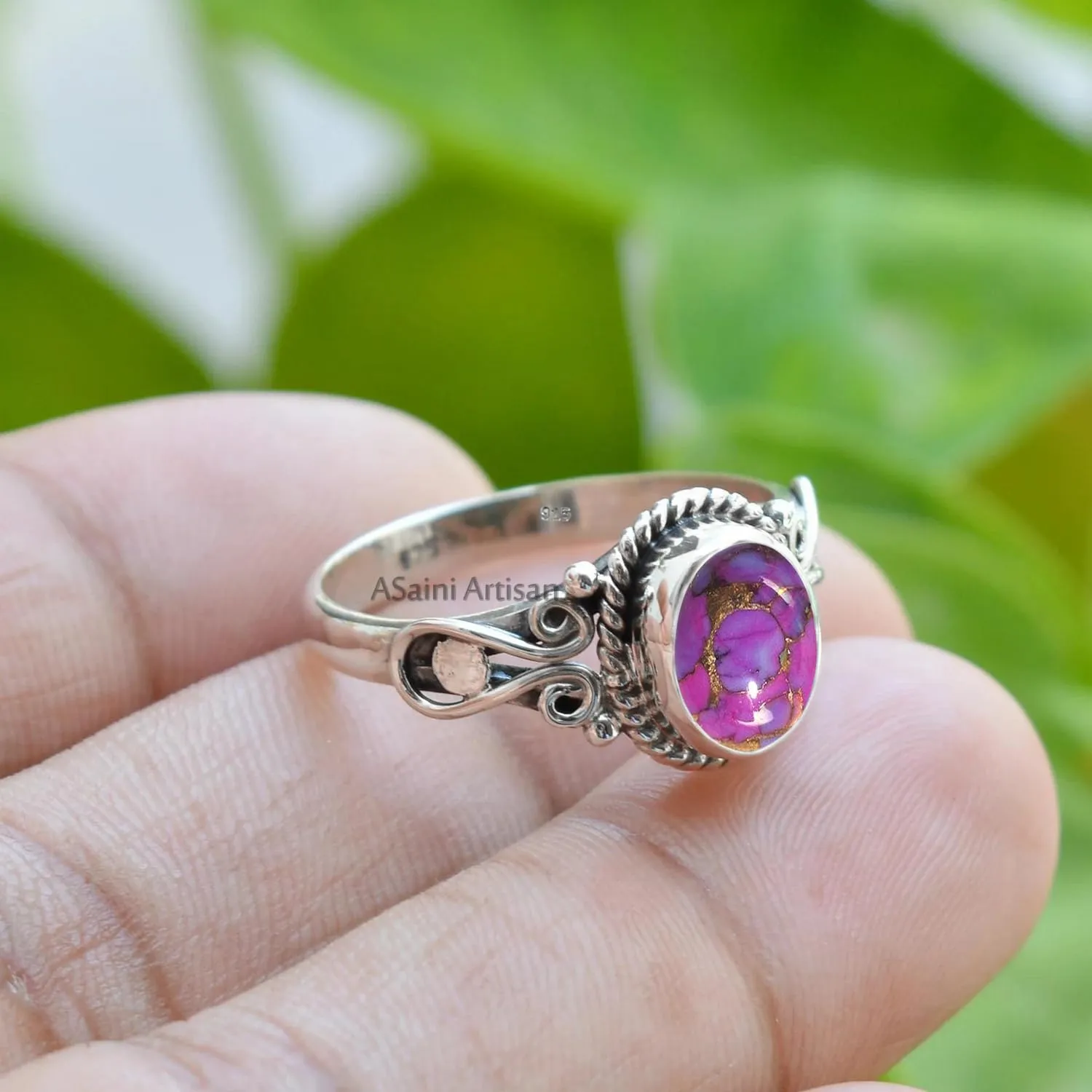 Elegance in Every Detail: Handmade 925 Sterling Silver Rings with 6x8 Oval Natural Gemstones (US Ring size 8, Purple Copper Turquoise)
