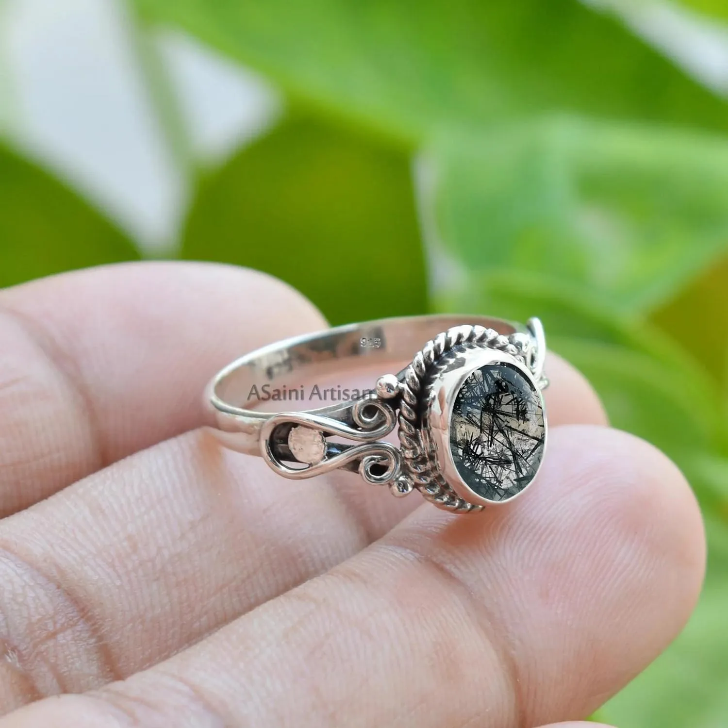 Elegance in Every Detail: Handmade 925 Sterling Silver Rings with 6x8 Oval Natural Gemstones (US Ring size 8.5, Black Rutilated Quartz)