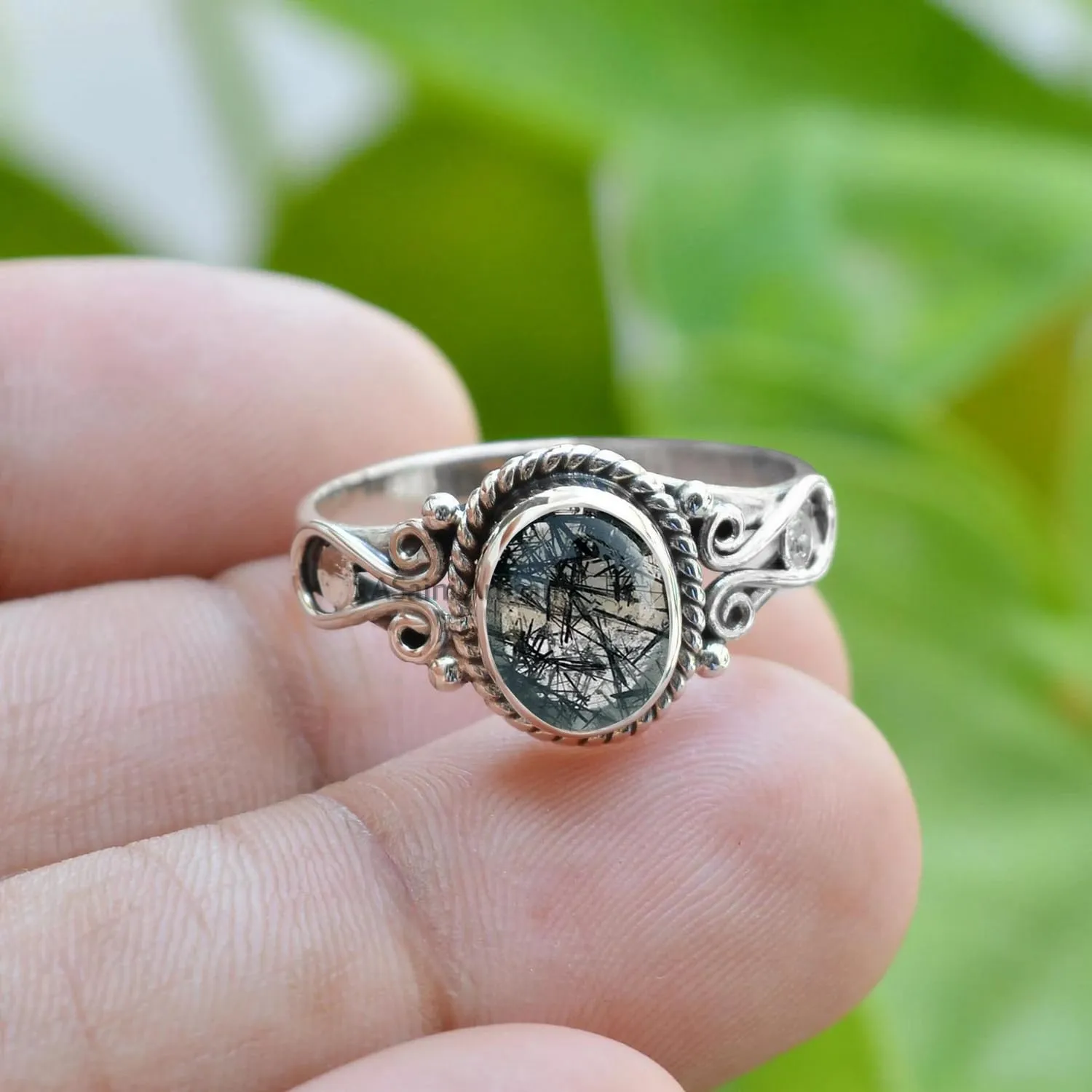 Elegance in Every Detail: Handmade 925 Sterling Silver Rings with 6x8 Oval Natural Gemstones (US Ring size 8.5, Black Rutilated Quartz)