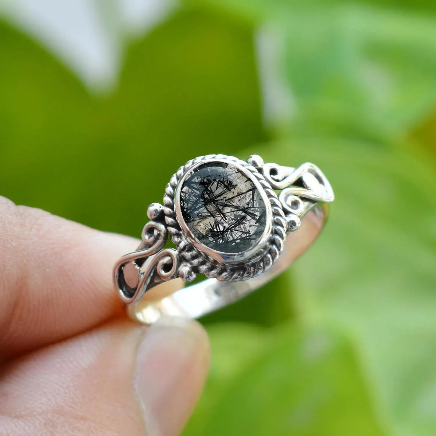 Elegance in Every Detail: Handmade 925 Sterling Silver Rings with 6x8 Oval Natural Gemstones (US Ring size 8.5, Black Rutilated Quartz)