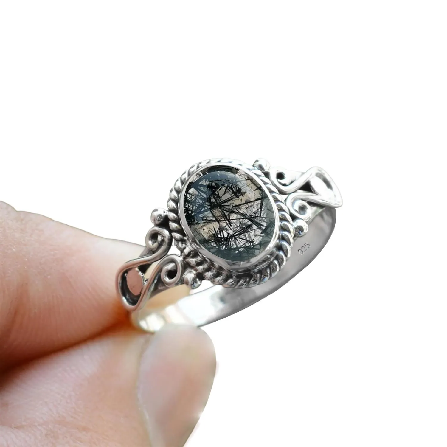 Elegance in Every Detail: Handmade 925 Sterling Silver Rings with 6x8 Oval Natural Gemstones (US Ring size 8.5, Black Rutilated Quartz)