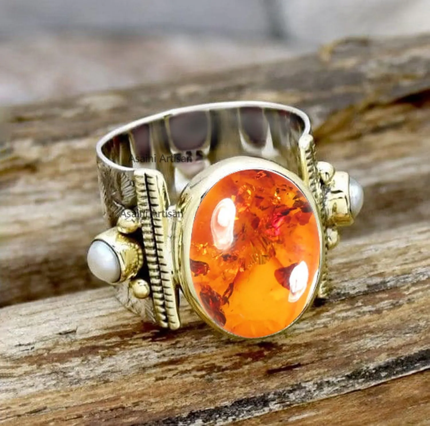 Elegance Redefined: 10x14 MM Oval Gemstone Solid 925 Sterling Silver Two Color Ring with Tiny Freshwater Pearl Accents (US Ring size 5, Amber)