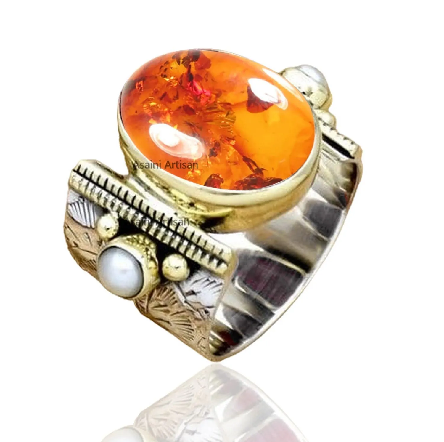 Elegance Redefined: 10x14 MM Oval Gemstone Solid 925 Sterling Silver Two Color Ring with Tiny Freshwater Pearl Accents (US Ring size 5, Amber)