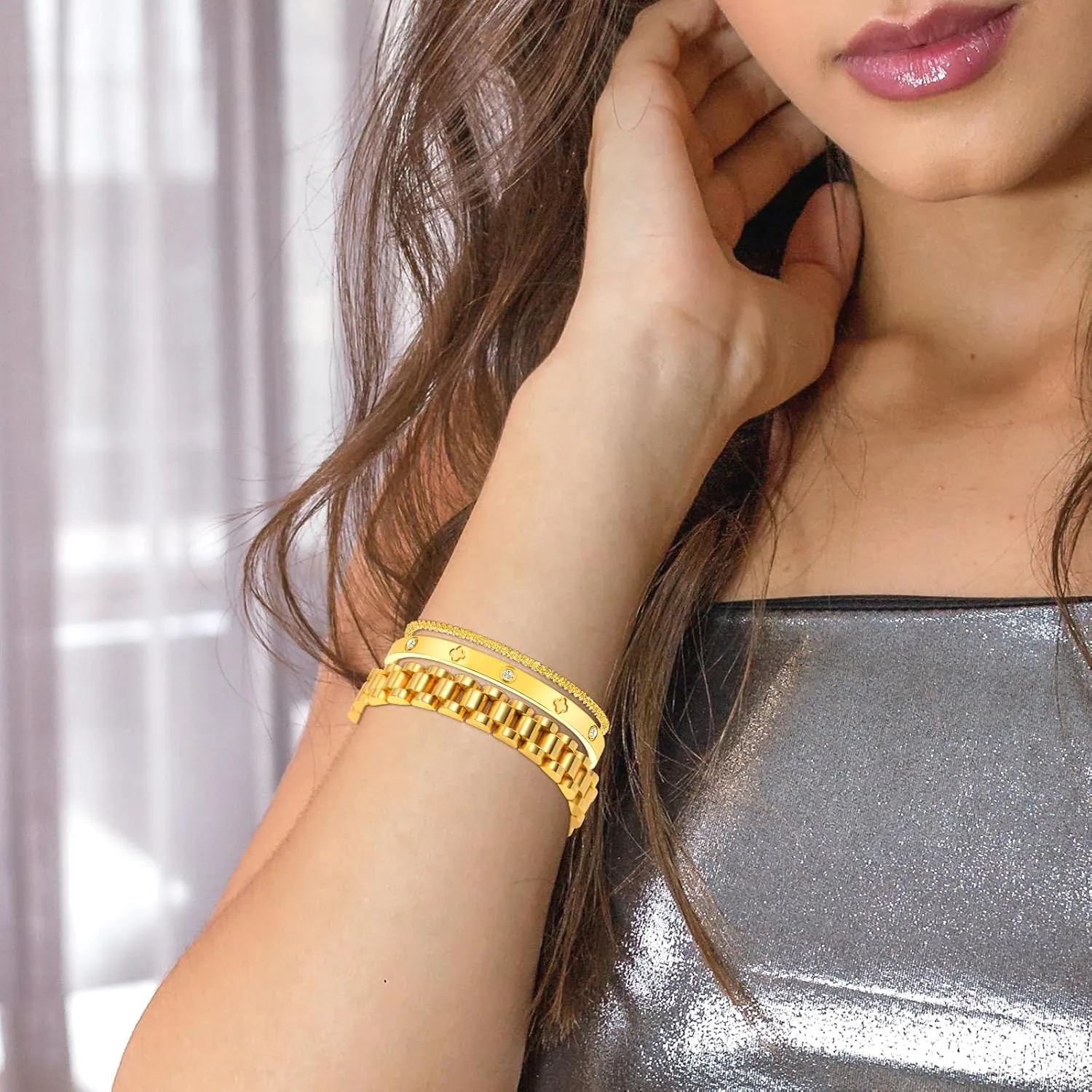 EllieHouse Four Leaf Lucky Bracelets for Women Classic Diamond Tennis Personalized Thick Link Bracelet Adjustable Watch Band Chain Wristband Jewelry