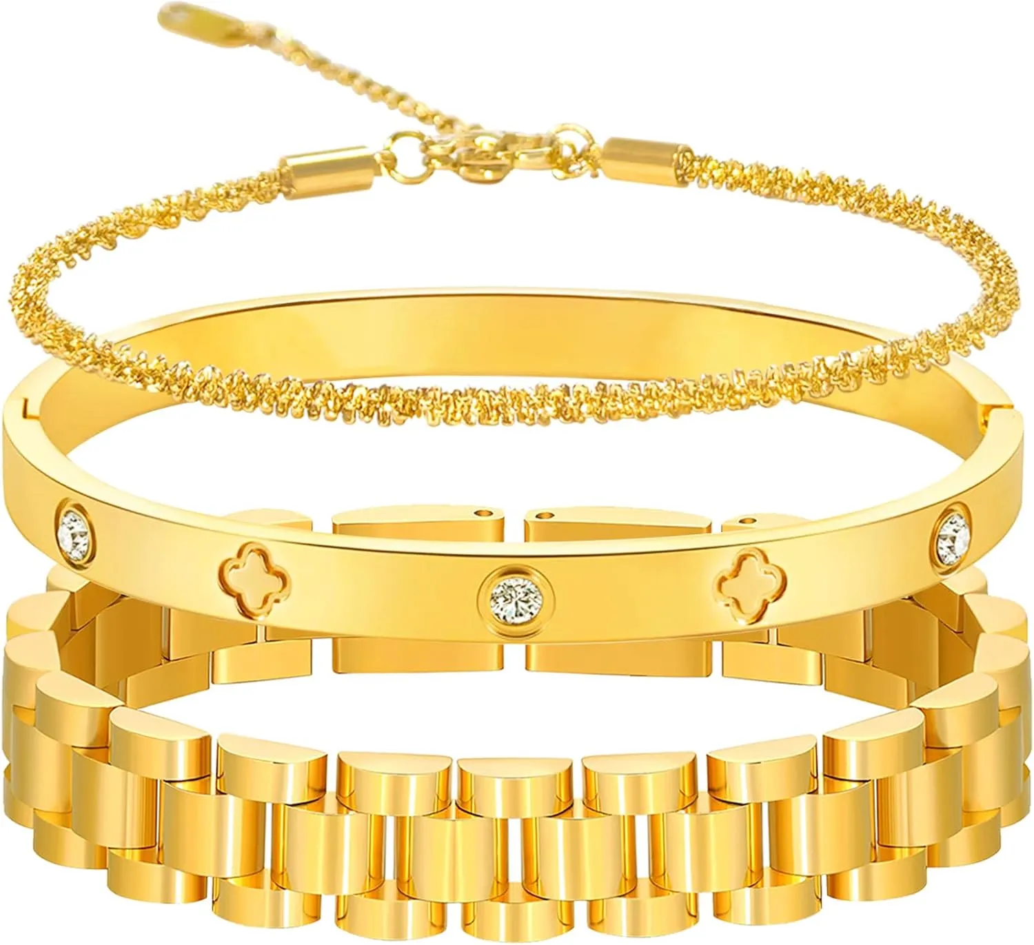 EllieHouse Four Leaf Lucky Bracelets for Women Classic Diamond Tennis Personalized Thick Link Bracelet Adjustable Watch Band Chain Wristband Jewelry