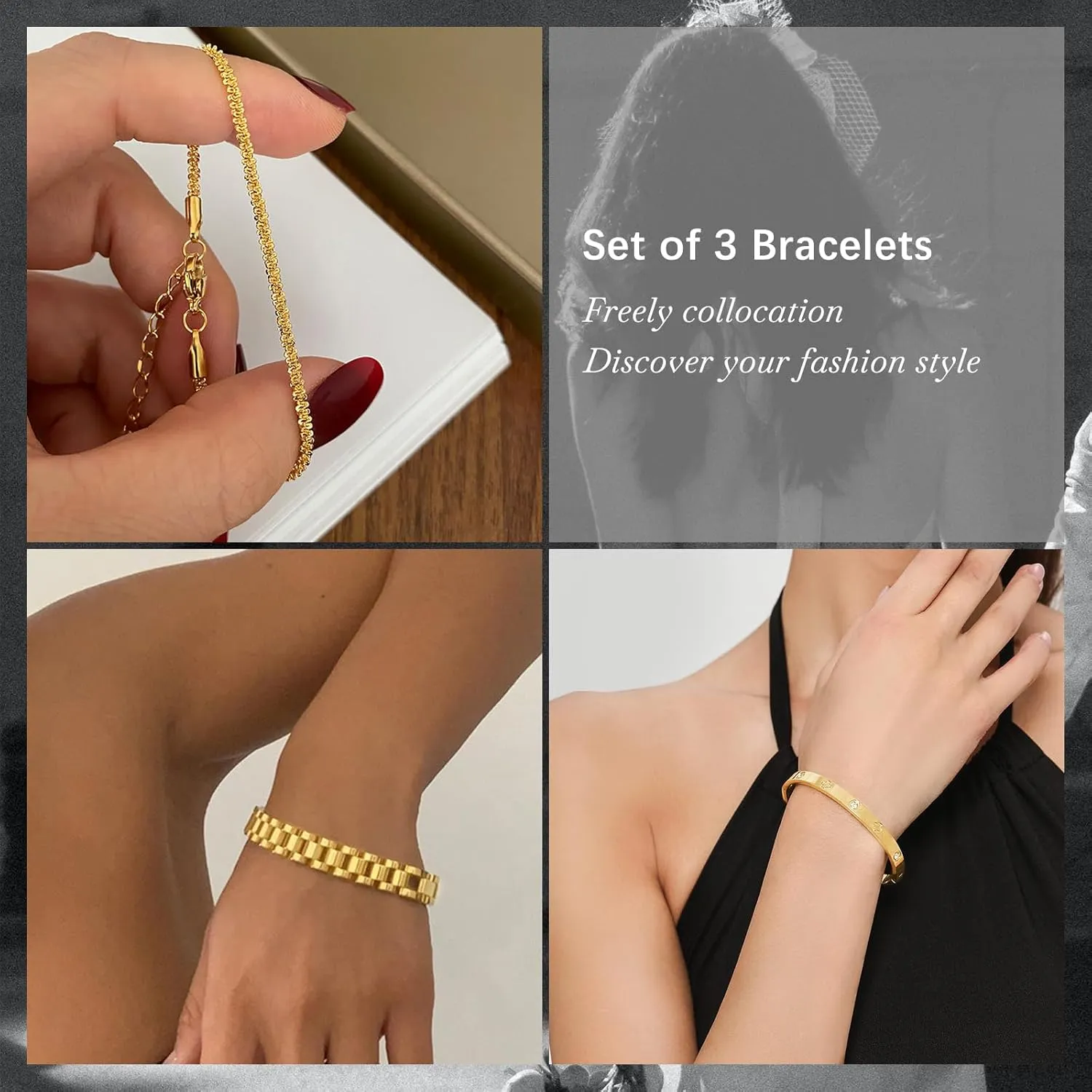 EllieHouse Four Leaf Lucky Bracelets for Women Classic Diamond Tennis Personalized Thick Link Bracelet Adjustable Watch Band Chain Wristband Jewelry