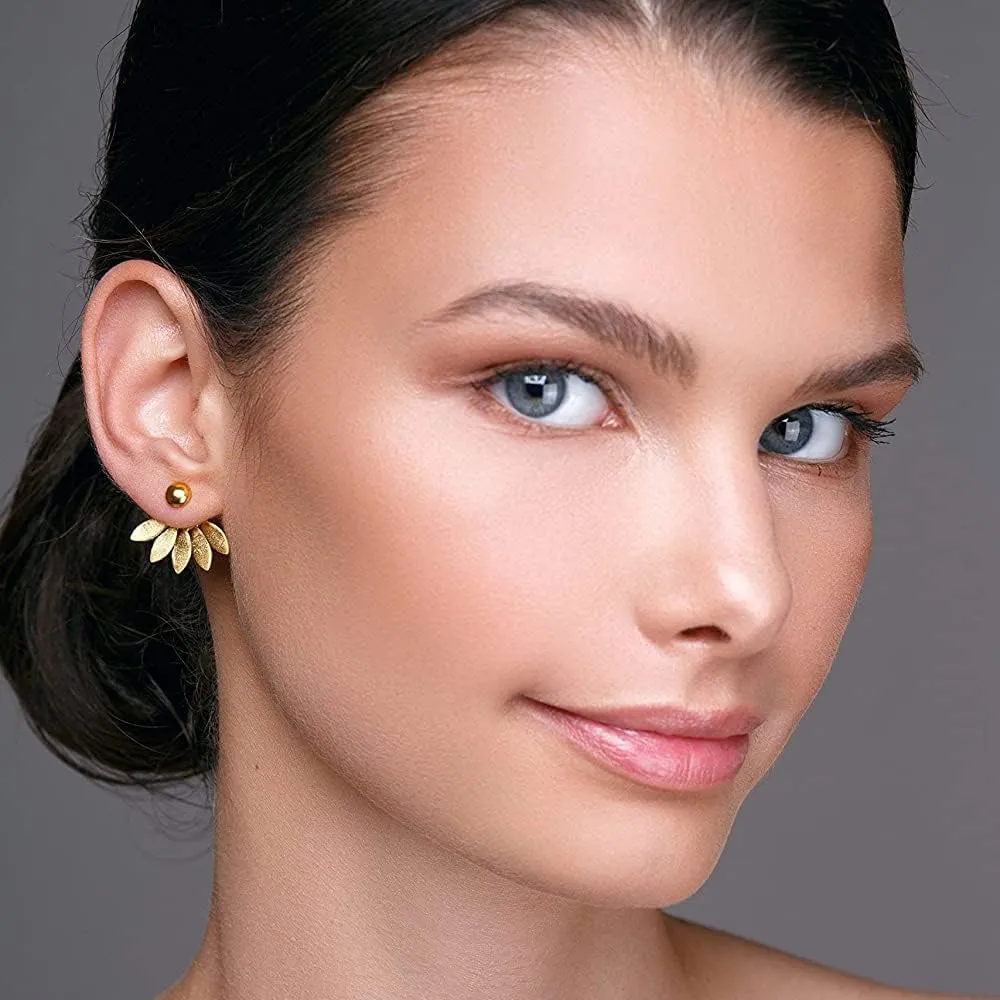 Emmanuela Flower Ear Jacket Earrings Handmade from 24K Gold Plated Sterling Silver Elegant Double Sided Earrings with Round Studs and Leaves Backs Statement Jewelry Gift for Her