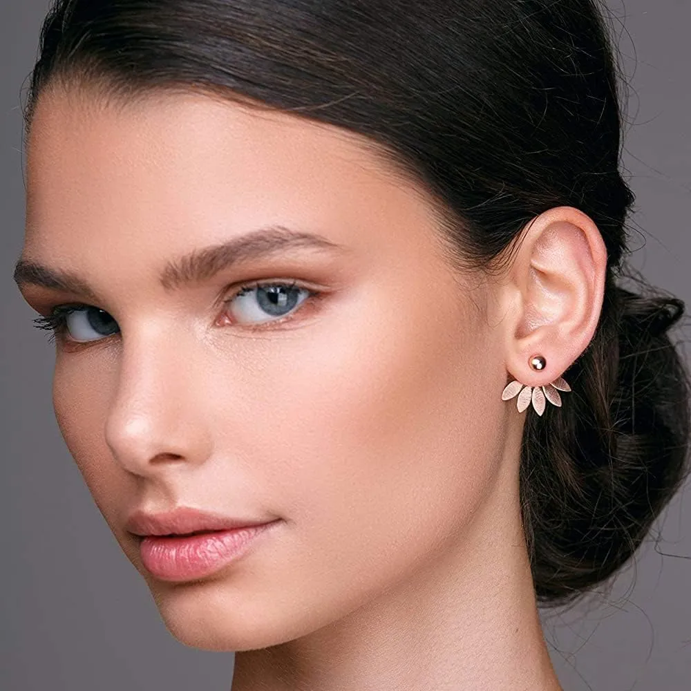 Emmanuela Flower Ear Jacket Earrings Handmade from 24K Gold Plated Sterling Silver Elegant Double Sided Earrings with Round Studs and Leaves Backs Statement Jewelry Gift for Her