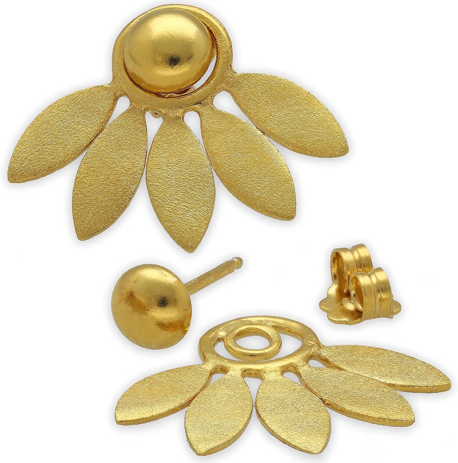 Emmanuela Flower Ear Jacket Earrings Handmade from 24K Gold Plated Sterling Silver Elegant Double Sided Earrings with Round Studs and Leaves Backs Statement Jewelry Gift for Her